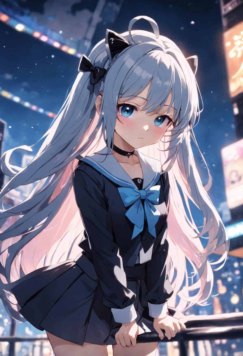 (fish eye lens: 1.2),(cinematic composition: 1.3),(glow effect: 0.8),(soft focus: 0.9),(bokeh: 0.7),(1 girl,loli:1.2),(12 years old:1.2),(no expression),(black bow tie),very long haircute,[black eyebrows visible through hair],(masterpiece,best quality,full body:1.2),solo,arona \(blue archive\),hair over one eye,hairband, halo, black choker, choker, school uniform, braid, long hair, serafuku, white hair, sailor collar, pleated skirt,bangs, ribbon, long sleeves, neckerchief, collarbone,black hairband, white neckerchief,black skirt, hair ribbon, jacket, single braid, bow, pantyhose, black pantyhose,blush,black lace-up shoes,pink flowers,wide angle(cute symbols/emoticons),(Long sleeves, hands tucked inside),Butterfly pose, kahuka1