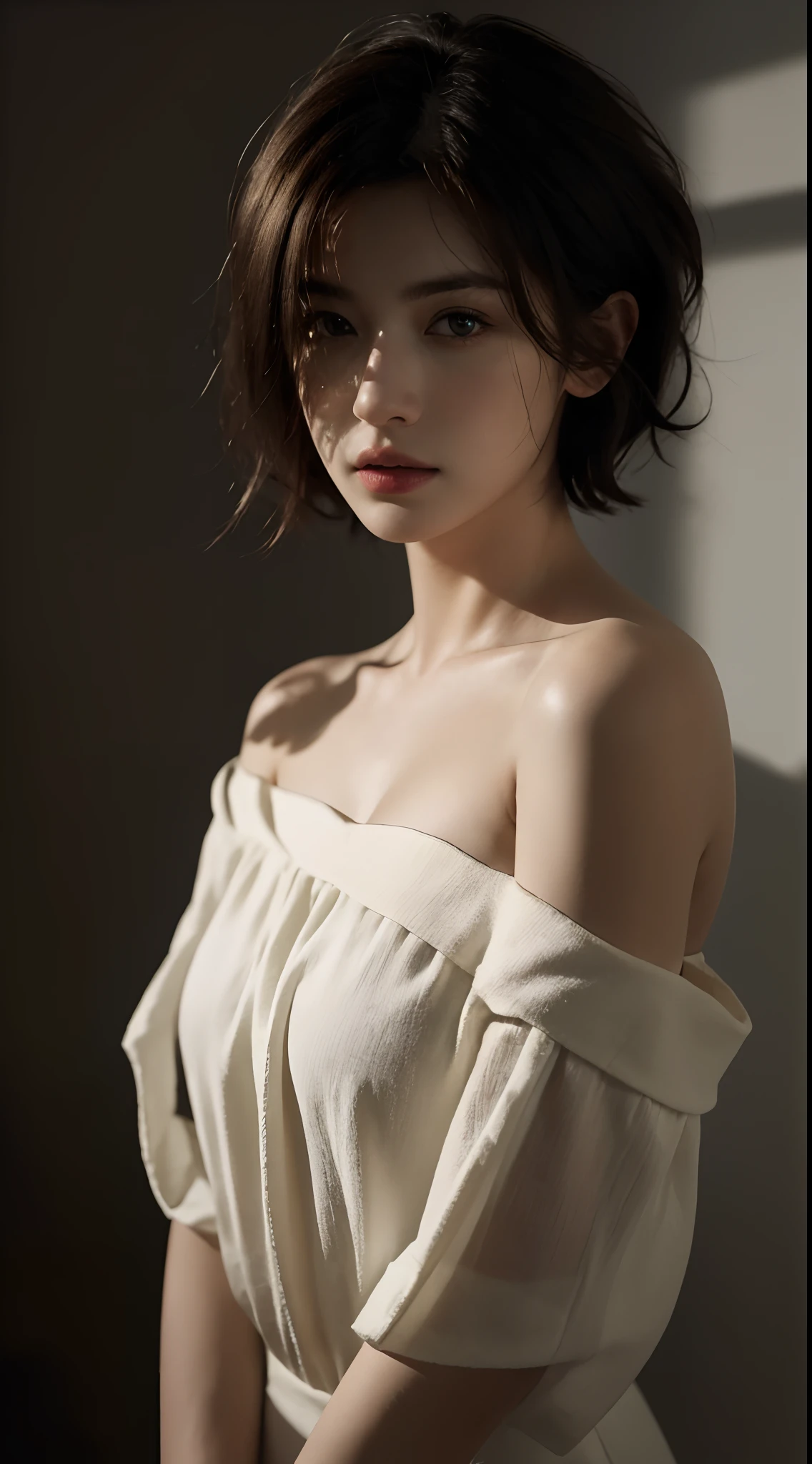 Best quality, masterpiece, ultra high res, (photorealistic:1.5), raw photo, 1girl, offshoulder, in the dark, deep shadow, low key, cold light, sexy look, short hair