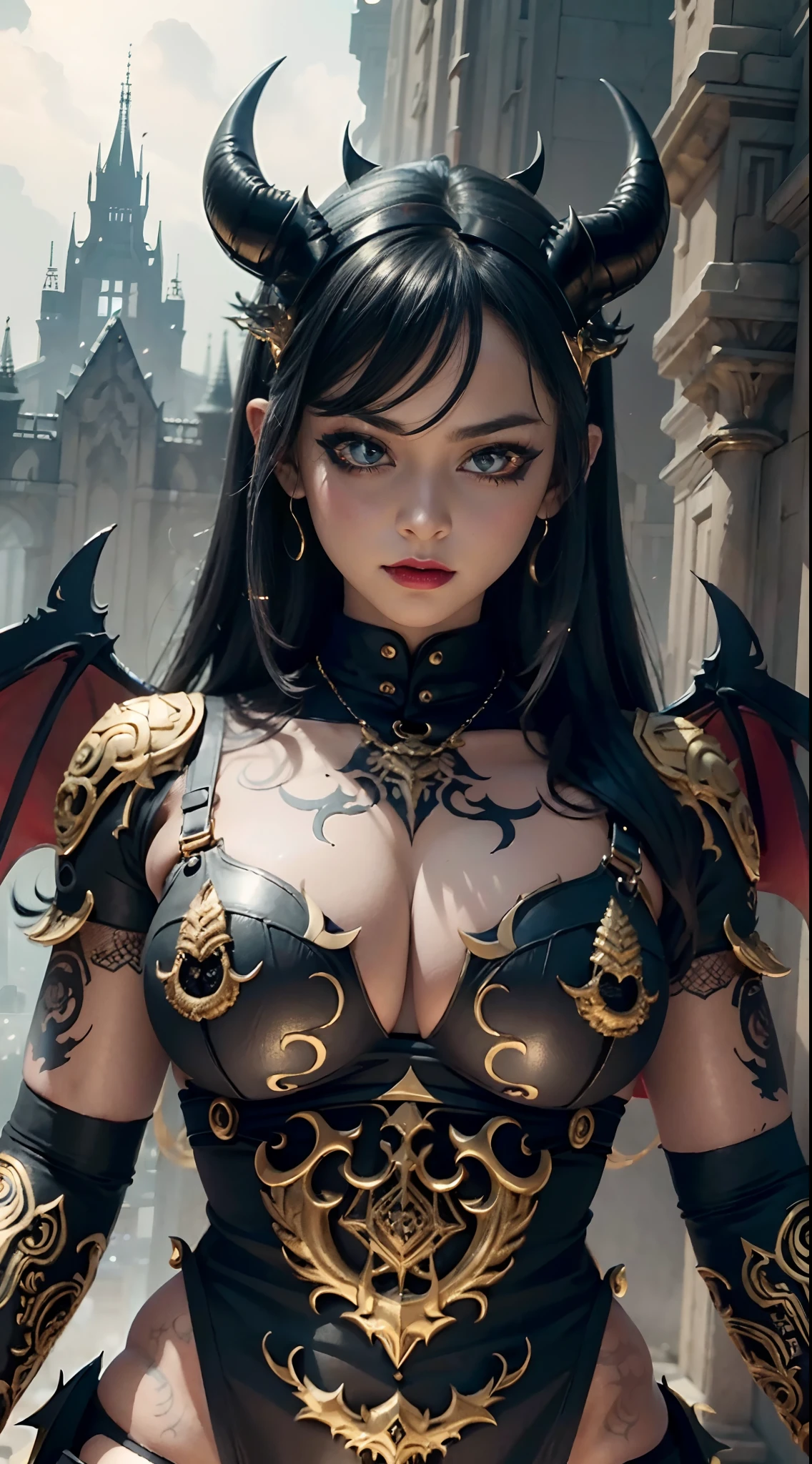(masterpiece), top quality, expressive eyes, perfect face, smooth skin, tribal tattoo, devil girl, black devil horns, big bat wings, punk style, super plump boobs, tight overalls, tight gold and red gradient armor, 8k_wallpaper, eye detail, body detail, finger detail, (digital artwork), (manga illustration detail), (line art detail), ((perfect)) anatomy, finest hand)), (fine detail:1.3), (height detail: 1 ,3), (illustration :1 , 3 ), (sharp focus:1,3), (natural light:1,05), (light color:1,3), haunted castle background,