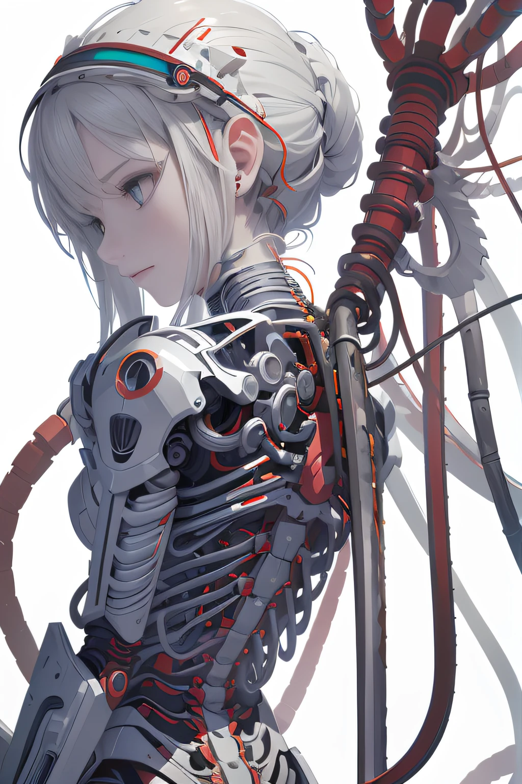 (((masterpiece))), (((best quality))), ((ultra-detailed)), (highly detailed CG illustration), ((an extremely delicate and beautiful)),(from side),cinematic light,((1mechanical girl)),solo,full body,(machine made joints:1.2),((machanical limbs)),(blood vessels connected to tubes),(mechanical vertebra attaching to back),((mechanical cervial attaching to neck)),(sitting),expressionless,(wires and cables attaching to neck:1.2),(wires and cables on head:1.2)(character focus),science fiction,white background, extreme detailed,colorful,highest detailed