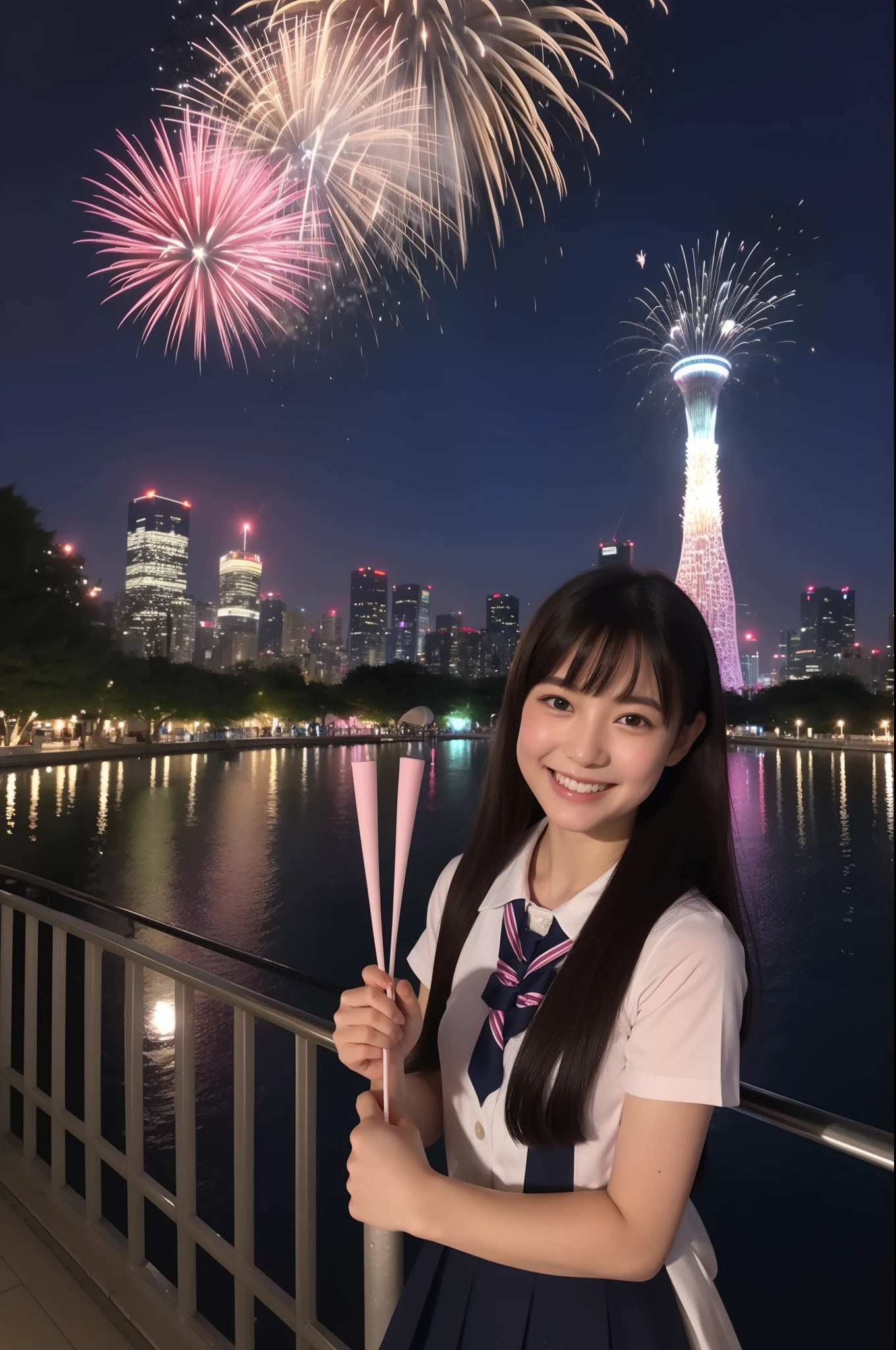 A smile、hi-school girl、校服、While doing fireworks、mare、Tokyo Skytree、cherry trees