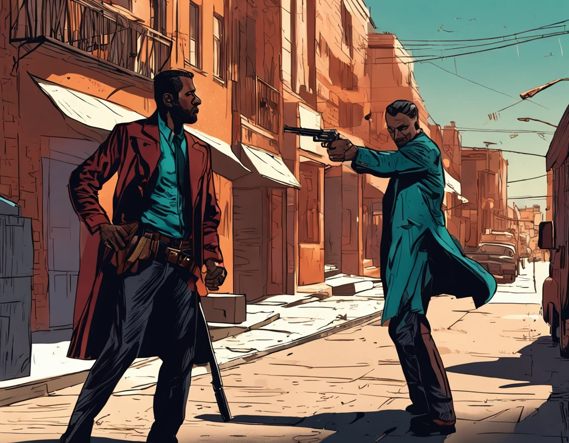Drawing - Two gunmen dueling in the street, facing each other, Keeping their distance - realism - Cinematographic - Color -- ar 16:9