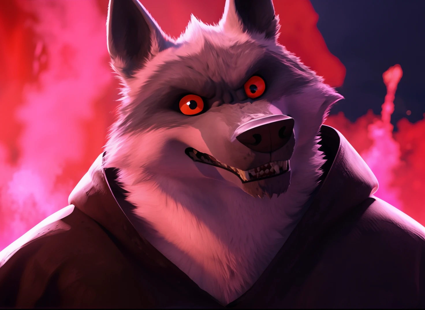 A character from the movie Puss in Boots 2: The Last Wish (death wolf) He is out of patience and looking at the viewer with his red and menacing eyes is quite angry his pupils are red and dark his teeth are sharp