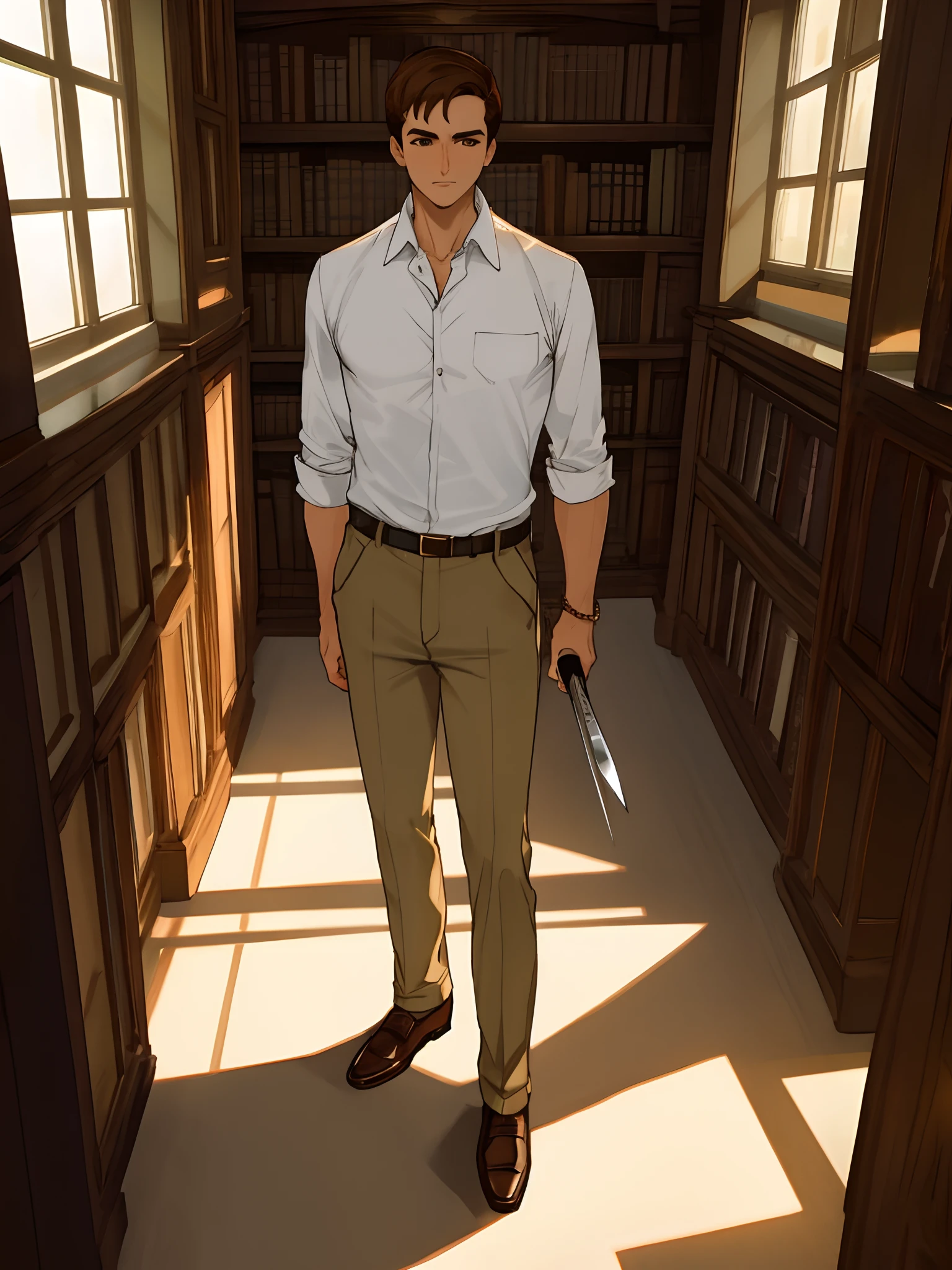 Homem branco loiro, magro, camisa branca, khaki pants. He is standing inside an old-fashioned library holding a Silver dagger..