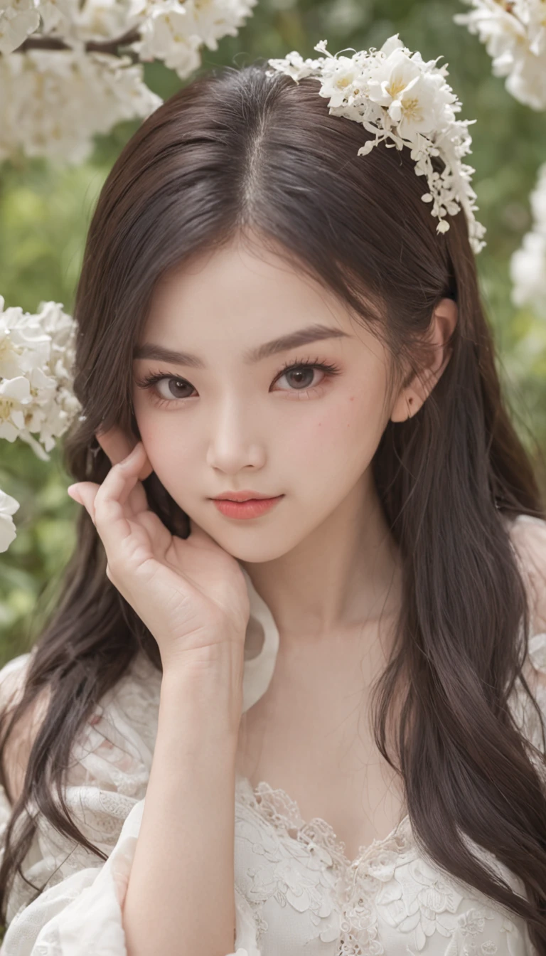 Garden background,A hundred flowers compete for spring,A Chinese girl with beautiful long black hair,Perfect facial features,Sweet smiling,Beautiful big watery eyes,Double eyelids and long eyelashes,Redlip,Perfect lip shape,Perfect eyebrow shape,White skin of the,Delicate collarbones,Wearing a white dress with a lace-trimmed embroidery with delicate embroidery,facing to audience,Pure lust,plumw,perfect bodies,detail-rich,8k,Works of masters,