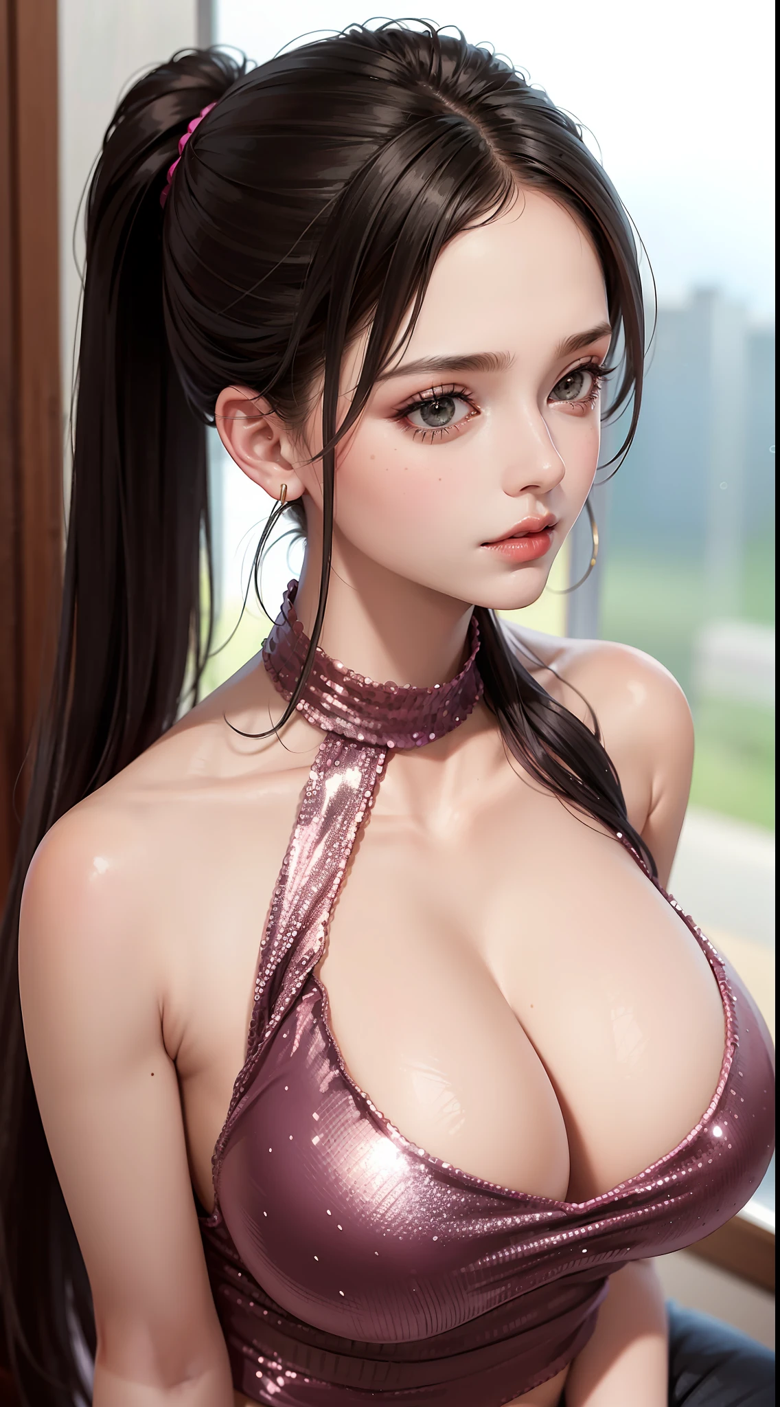 Beautiful stylish modern sexy girl wearing a sleeveless pink sequin cropped top, american armhole, big boobs, professional makeup, long pony tail, cleavage