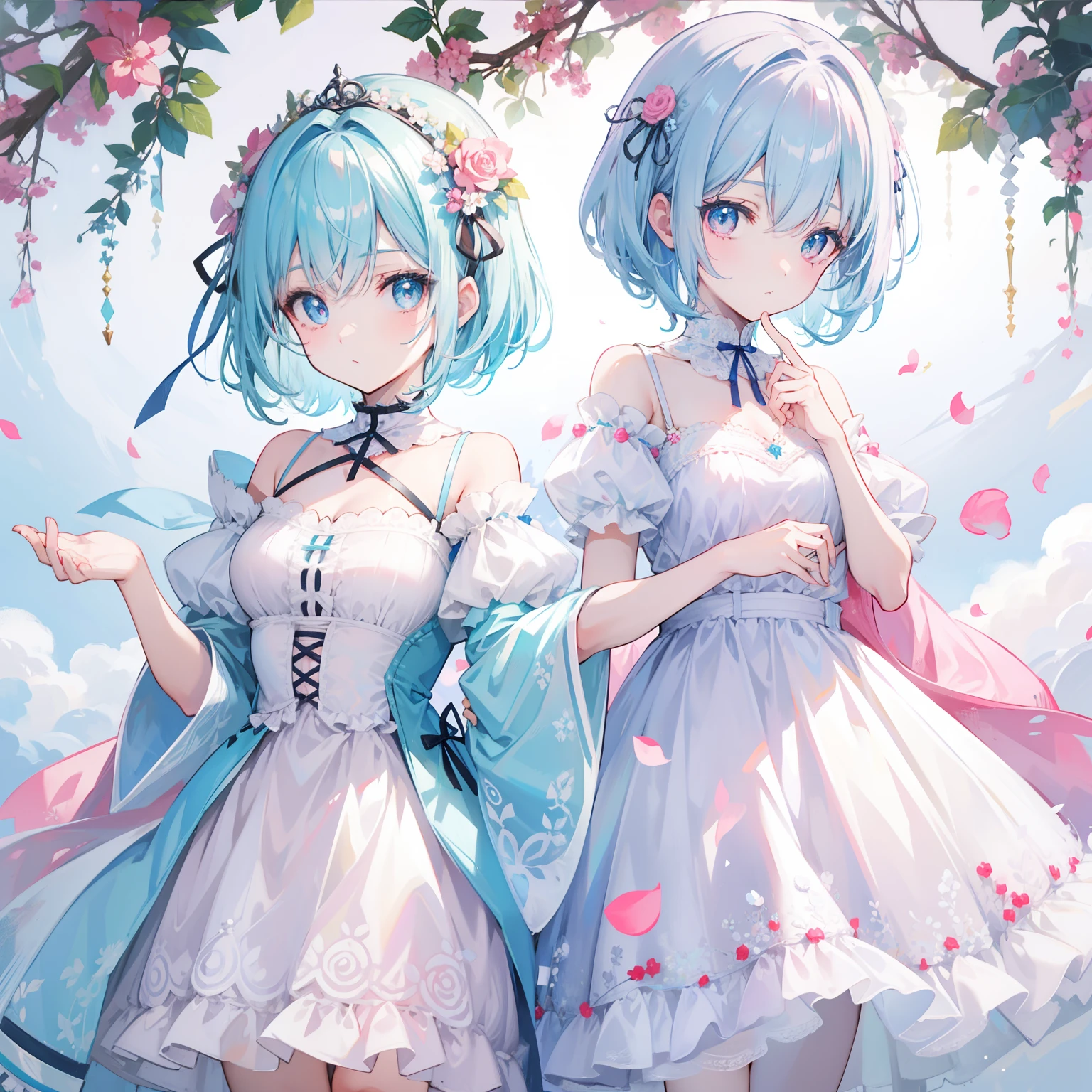 Short light blue hair,Light blue pupils,There are some pink ornaments,Soft girl in dress