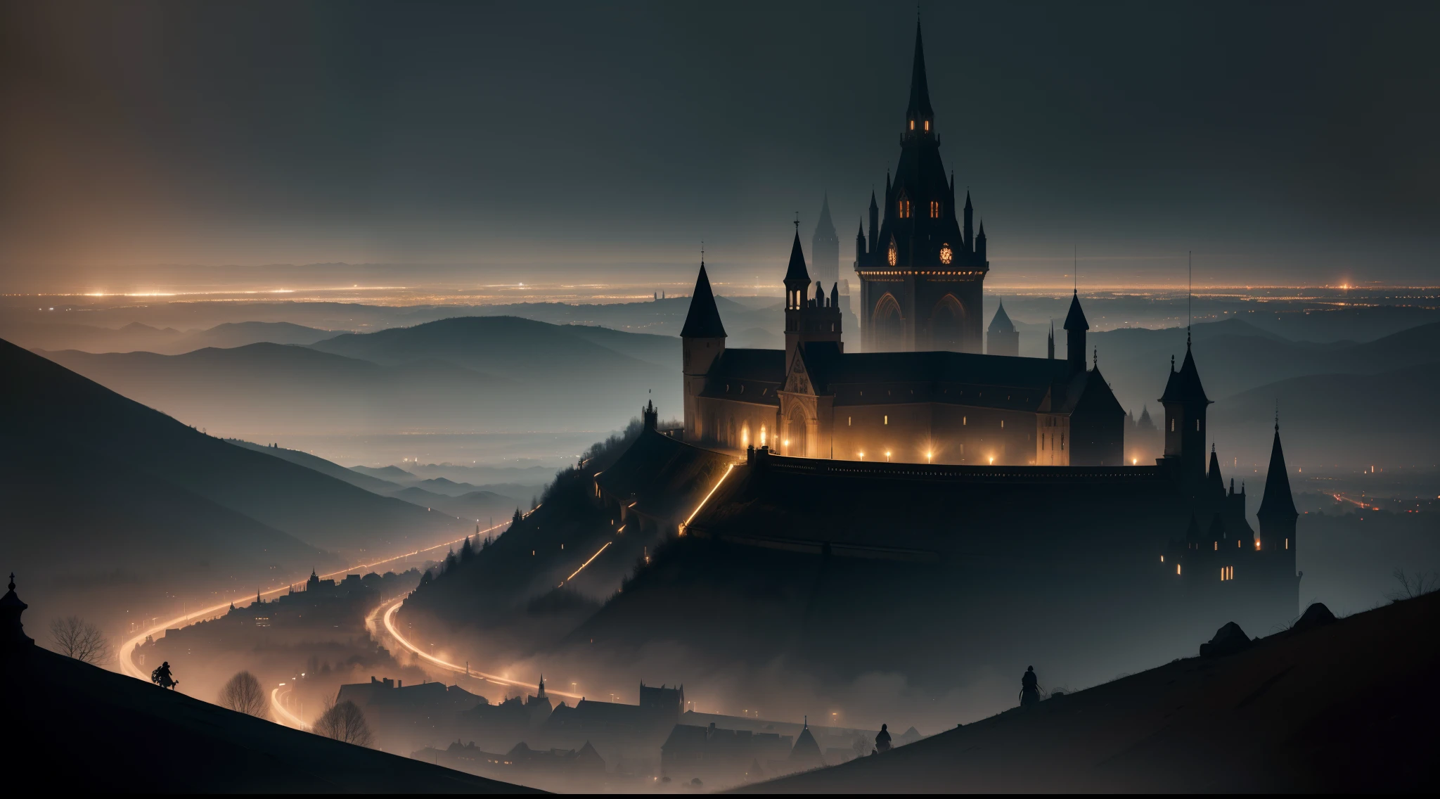 A dark, foreboding cityscape of the medieval age, illuminated by a faint glimmer of light from a distant run.