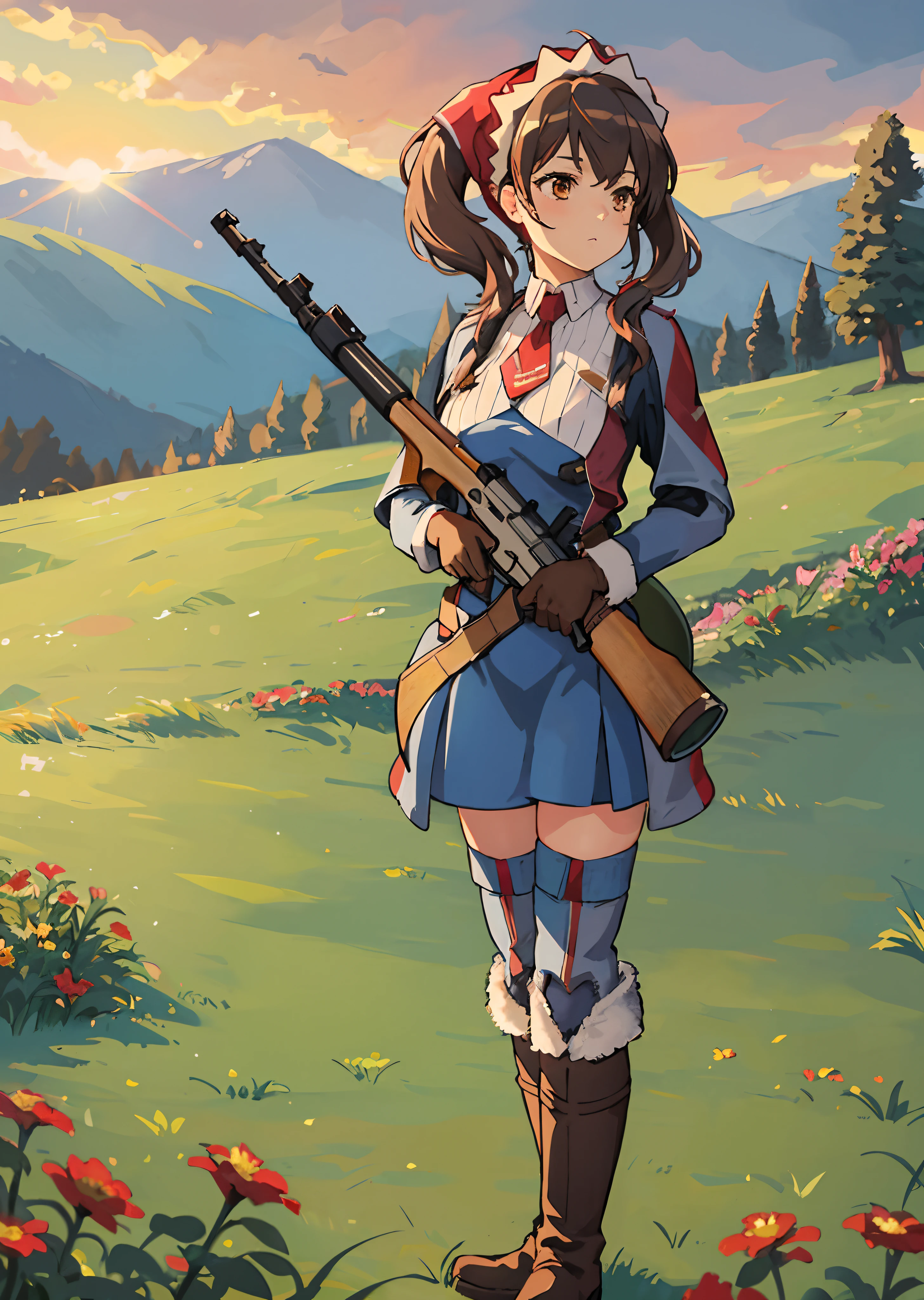 masterpiece, best quality, 1girl, alicia melchiott, headdress, red necktie, military uniform, blue thighhighs, brown gloves, boots, holding bolt-action rifle,   grassy field background, sun rise, field of flowers