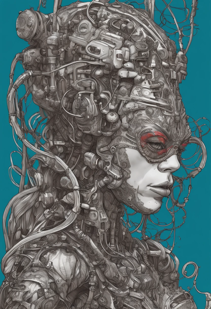 Female, Wire cybernetics implants, Adrian Gainey Esso Andrews' style Jenny Savile, The surrealist dark art of James Jean Gaoto Yamamoto and Bri Sienkiewicz, trending on artstationh, Sharp focus, studio photo, Intricate details, Highly detailed, by Greg Rutkowski, intricate face details, TM Ninja, TM Samurai, Poster style, pictogram, Vibrant, colorful, vectorstyle, Digital art, 4K, Intricate details, big breasts enchanting, Professional manufacturing, Beautiful vector illustration, 12k resolution, 。.3D, All characters in detailed full body, Highly detailed, vibrant, Ultra high quality, hyper photorealism, Photorealism, rendering by octane]
