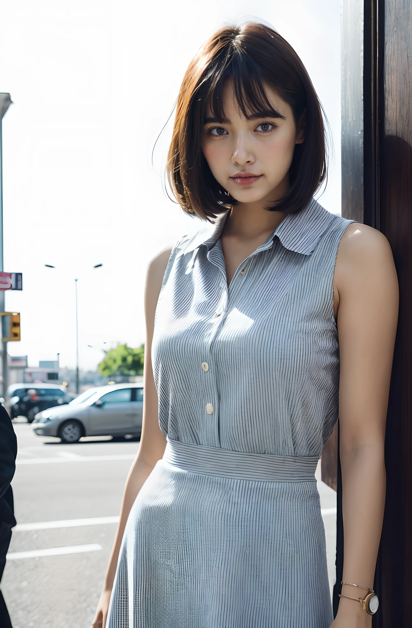 8K、top-quality、​masterpiece、超A high resolution、a picture、beautiful japanese female(pleasing:1.1) 、Elegance、There is a good、Gentle、eyebrows are thin、Moist beauty、Beautiful face、Gradient lighting、1girl in、Delicate skin、Look into the distance、Brown-eyed、short-cut、Beautifully put together hairstyles、Business Fashion、short hair with bangs、wrist watch、a necklace、A bracelet、breasts are large、realisitic、Raw photography、(pureerosface_v1:0.5)、Contrast Trim Polo Neck Bodycon Dress、Onepiece、Polo shirt style dresses、Super Mini Length、the skirt is short、tote bags、Futomo、cotton clothes、Mini dress、Collared dress、no sleeves、Sleeveless、Tight、barechested、cotton clothes、no sleeves、Sleeveless、want me、Take your eyes off、In front of the station、Yurakucho、nighttime scene、nigh sky、overtime、deep in the night、mid night、total darkness、subject、Lean、Look here、Ass big、a large bust、Kinda chubby、big butts、Bring your chest together、Feels、Mouth slightly open、Brown clothes、Ass big、Futomo、In front of the station at night、Ginza、