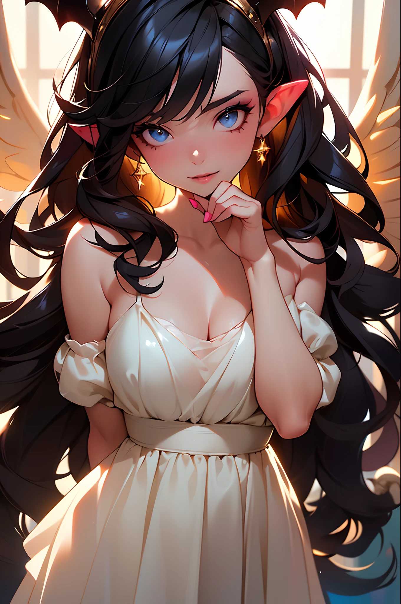 (Masterpiece:1.2), best quality, (illustration:1.2), (ultra-detailed),Eye focus,(Masterfully crafted Glow, pink lens flare), (Cinematic background), hyper details, (delicate detailed), (intricate details),in the air, octane render, hdr, (hyperdetailed:1.15), (soft light:1.2), 1girl, beautiful girl, ultra detailed eyes, mature, plump, thick, rainbow painting drops, paint teardrops, woman made up from paint, entirely paint, splat, splash, outdoors, (bioluminescent hair:1.1),(glowing eyes), ((makeup)),(Cinematic masterpiece), fierce, powerful, splashes of colour absolutely eye-catching, (Cinematic headlight), light coming from above, growing shadows, ((caustic)), dynamic angle, beautiful detailed glow, ambient occlusion, ambient light, raytraced reflections,(best illumination, an extremely delicate and beautiful), ((cinematic light)), (soft:2), (Nephilim:1.2), (halo), demon horns,(1 angel wing),1 demon wing, wings on back, half demon, demon ears, black wings, raven wings, (falling raven feathers), black hair, grey eyes, (red hair glow), (radiant aura),