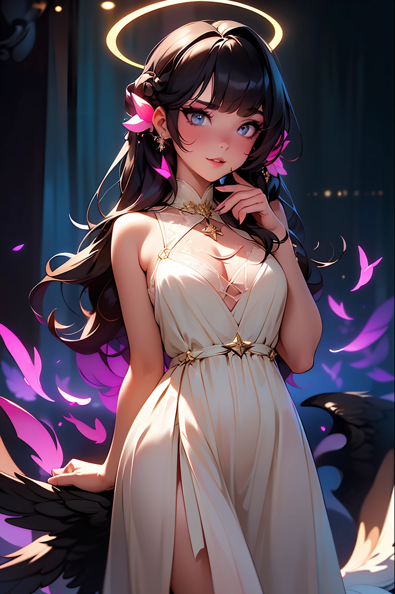 (Masterpiece:1.2), best quality, (illustration:1.2), (ultra-detailed),Eye focus,(Masterfully crafted Glow, pink lens flare), (Cinematic background), hyper details, (delicate detailed), (intricate details),in the air, octane render, hdr, (hyperdetailed:1.15), (soft light:1.2), 1girl, beautiful girl, ultra detailed eyes, mature, plump, thick, rainbow painting drops, paint teardrops, woman made up from paint, entirely paint, splat, splash, outdoors, (bioluminescent hair:1.1),(glowing eyes), ((makeup)),(Cinematic masterpiece), fierce, powerful, splashes of colour absolutely eye-catching, (Cinematic headlight), light coming from above, growing shadows, ((caustic)), dynamic angle, beautiful detailed glow, ambient occlusion, ambient light, raytraced reflections,(best illumination, an extremely delicate and beautiful), ((cinematic light)), (soft:2), (Nephilim:1.2), (halo), demon horns,(1 angel wing),1 demon wing, wings on back, half demon, demon ears, black wings, raven wings, (falling raven feathers), black hair, grey eyes, (red hair glow), (radiant aura),