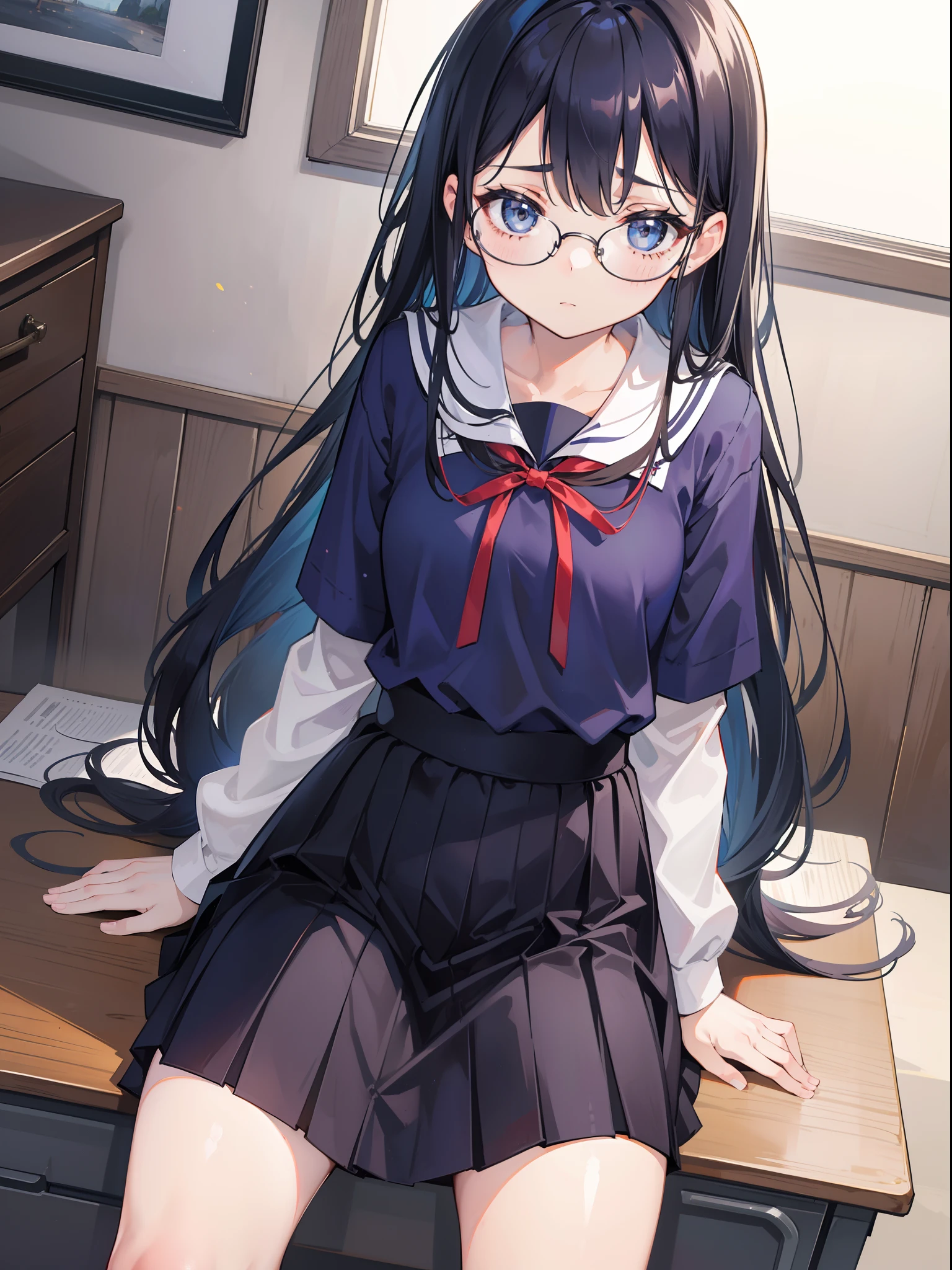 1girl, skirt, sit on very small desk, navy long curvy hair, big round glasses, pretty, flat expression, limp face, low angle, perspective, looking down, Giantess, between legs, below feet perspective