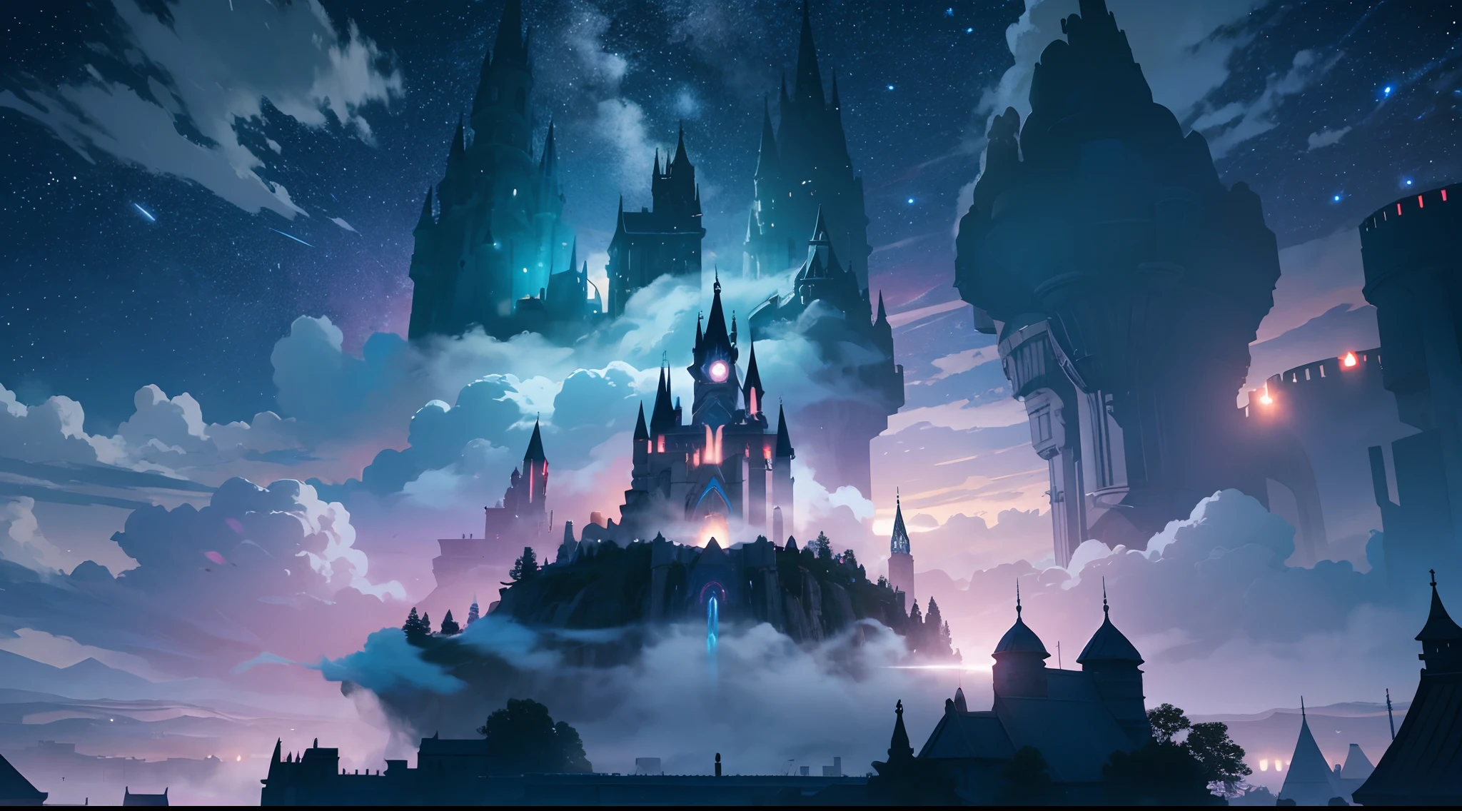octane,Skysky,As estrelas(Skysky),scenecy,starrysky,the night,nigh sky,独奏,exteriors,buliding,clouds,galactic,The tree,Castle,siluette,fantasy,