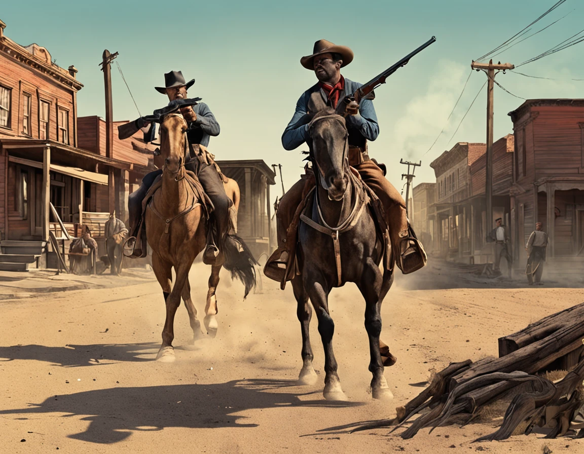 Old West American - Drawing - Two gunmen dueling in the street, facing each other, Keeping their distance - Realism - Cinematographic - Color -- ar 16:9