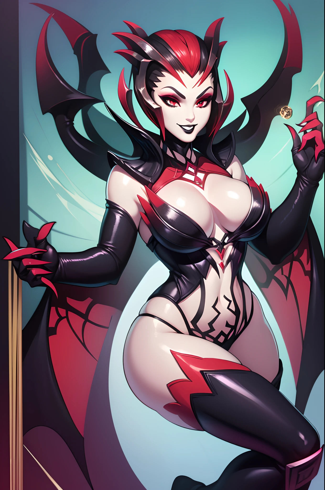 masterpiece, best quality, 1girl, elise, spidergirl, red eyes, large breasts, cleavage, black lips, makeup, eyeshadow, black eyeliner, smile, monster girl, full body, smile, possing, levitating