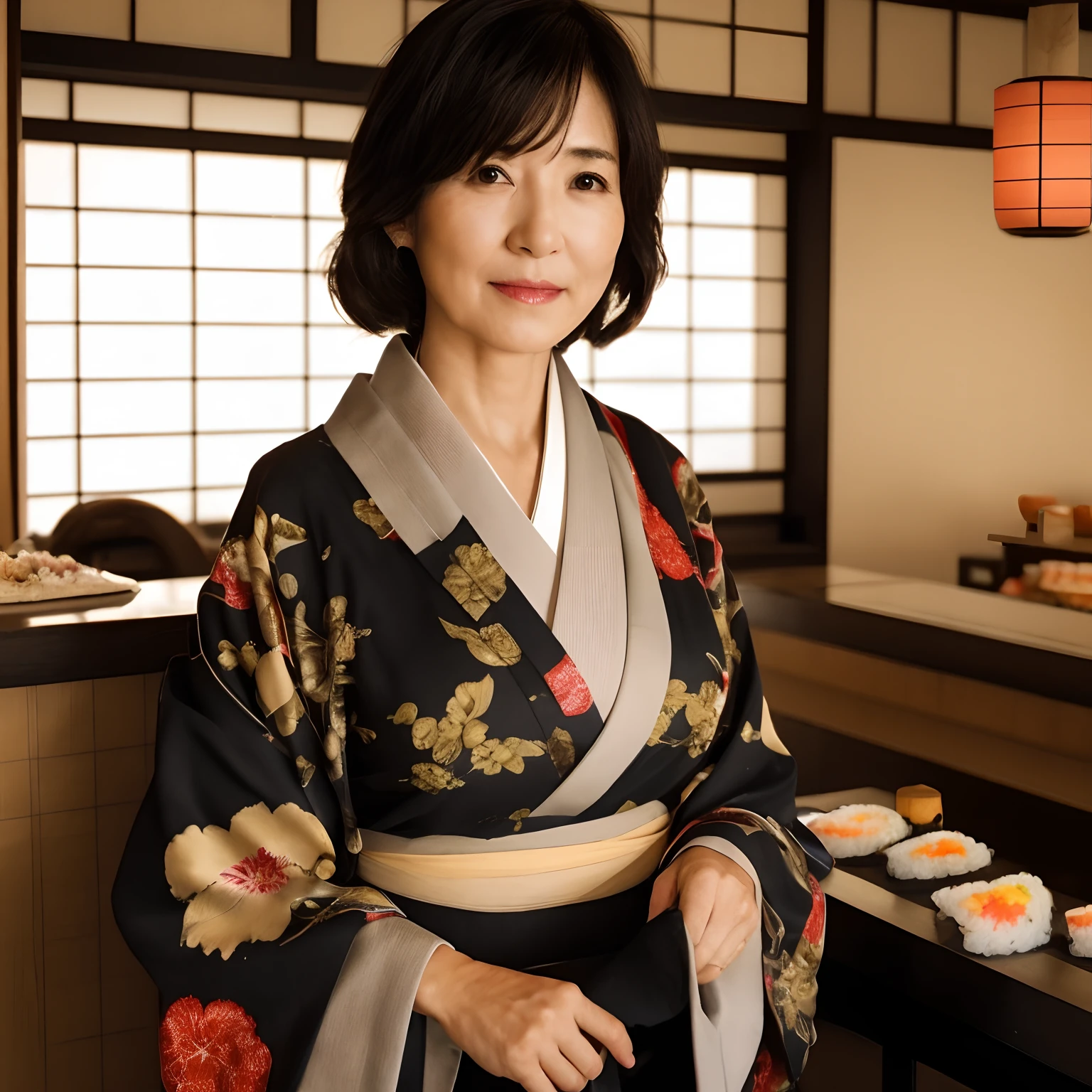 ((masterpiece, Best Quality)), 32K HDR, hight resolution, Detailed face, Detailed texture, finely detailed skin, Sharp Focus, (Perfect slim body:1.1), (Cinematic lighting), Soft lighting, Dynamic Angle, 1girl in, (Ultra-realistic photos of beautiful mature Japanese female:1.15, 50age:1.1), Solo, Black hair, (beautiful Kimono:1.2, standing in realistic Japanese Sushi bar:1.2), big breasts,