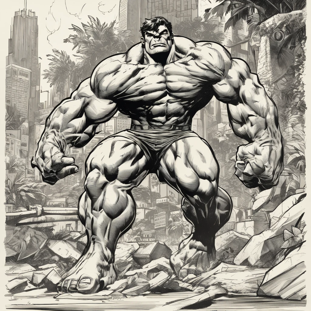 "Create an image of the Hulk standing, with two arms and two legs, desenhado no estilo de Sal Buscema.