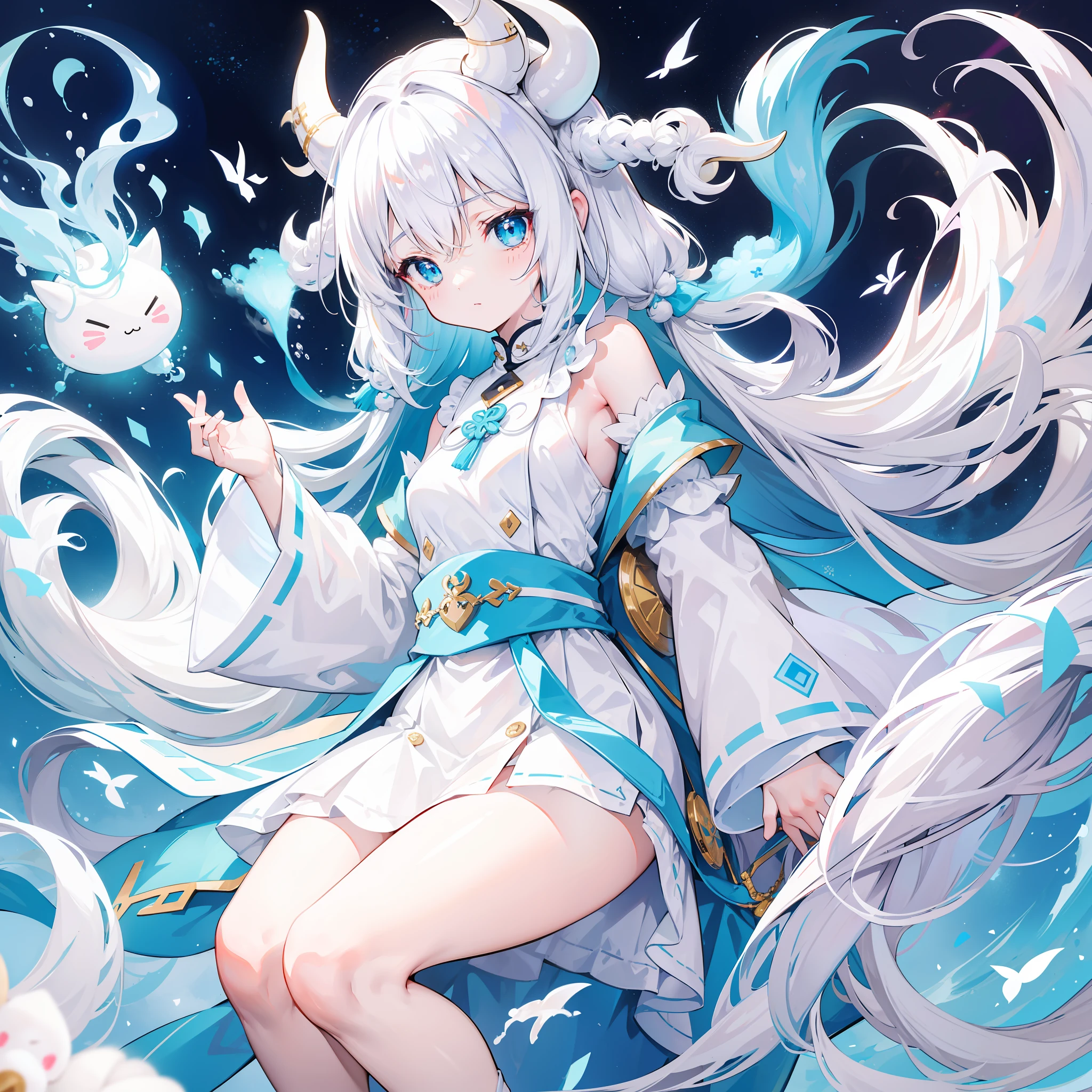 Creamy white hair,Fuzzy clothes,Hairy lute,Blue and white color scheme,Cute as the Jade Rabbit Elf,Precision and flexibility,white panties,Beautiful appearance,It's a sweet girl