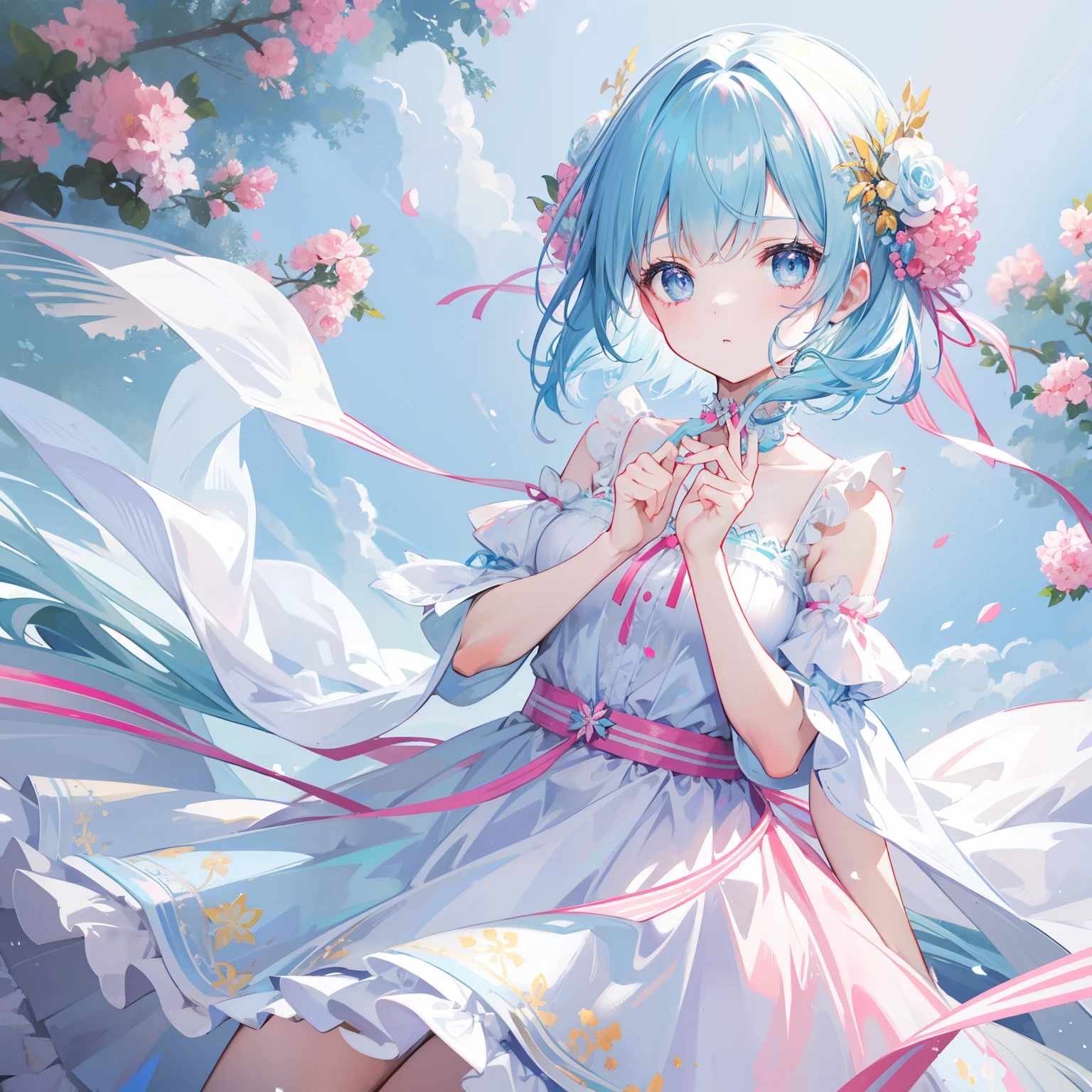 Short light blue hair,Light blue pupils,There are some pink ornaments,Soft girl in dress