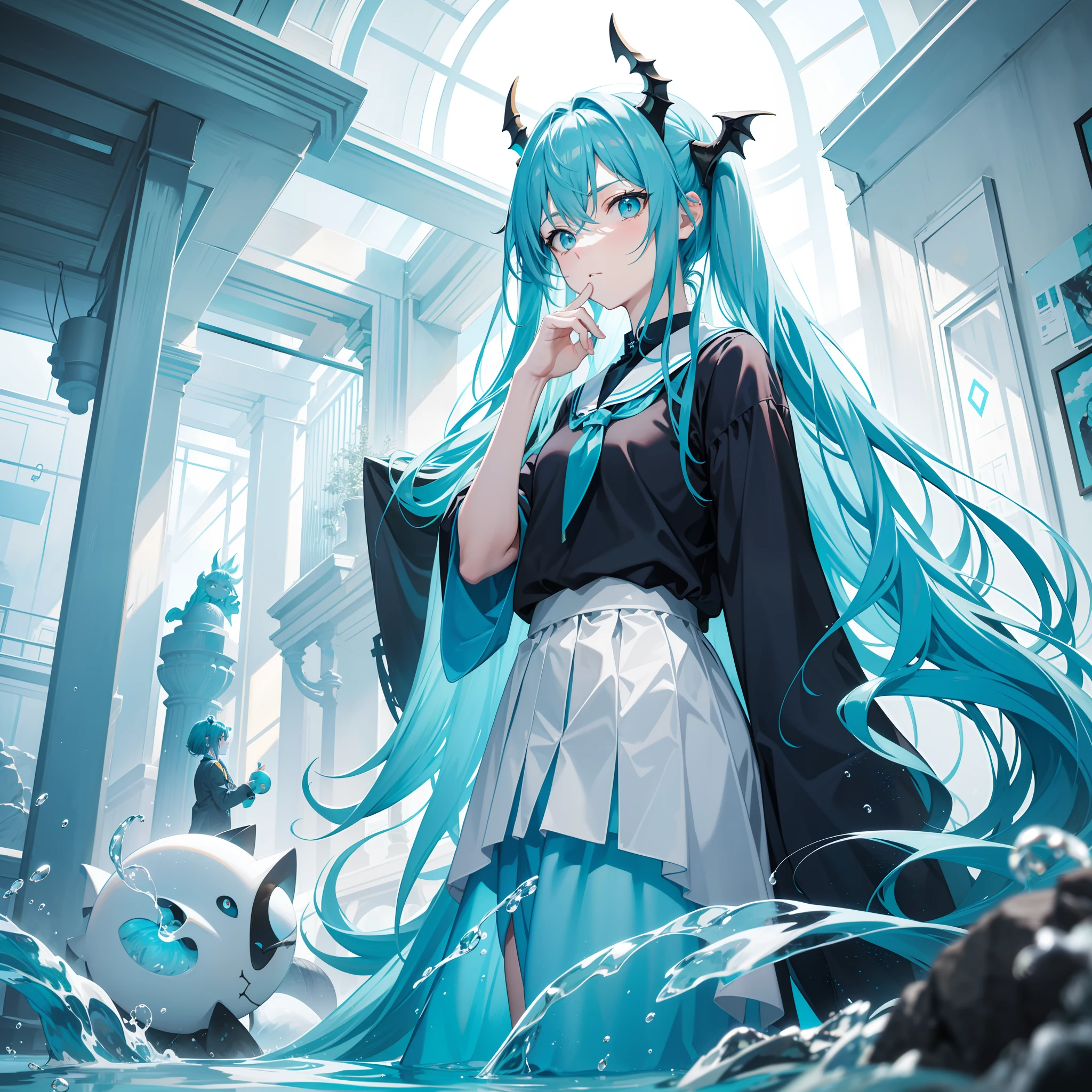 Cyan blue, the color of a stream, long hair,Pale orange eyes,Turquoise blue school uniform,The hairstyle resembles that of a dragon,Three-seven hair curtain,Indifferent eyes