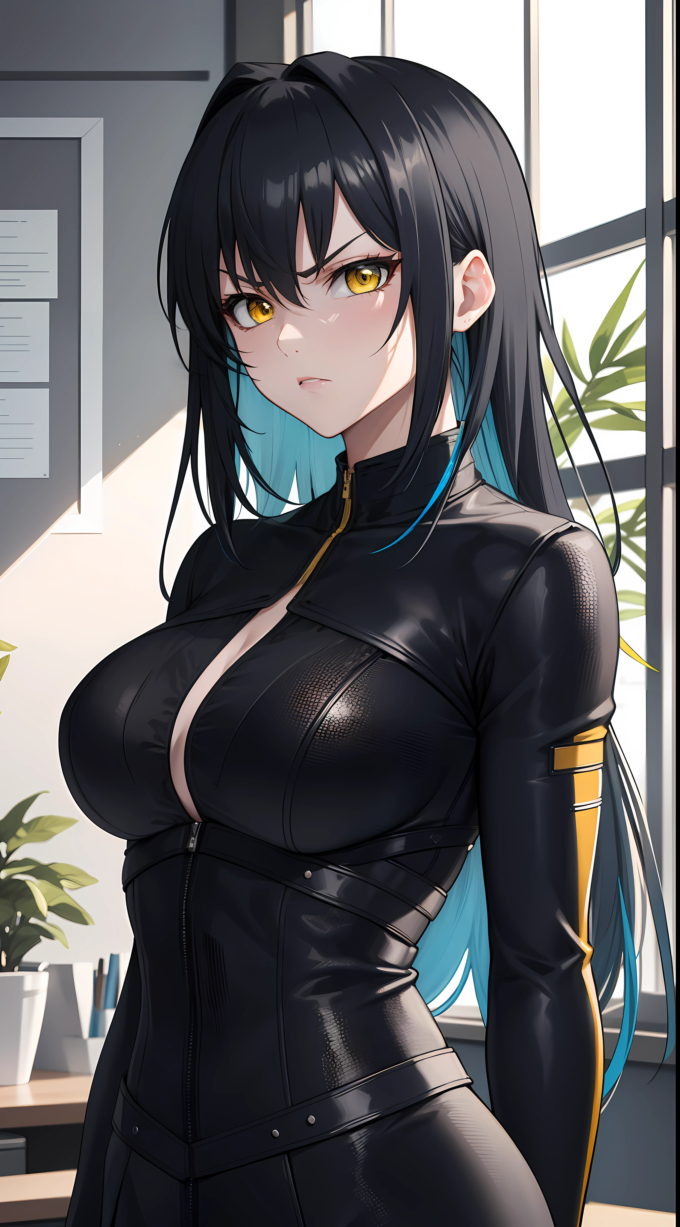 professional artwork, Intricate Details, field of view, sharp focus, detailed painting, photorealistic lighting, trending on pixiv,(masterpiece:1.0),(best_quality:1.0), ultra high res, ultra-detailed, photography, 8K, HDR, highres, absurdres:1.2, Kodak portra 400, film grain, sharp focus, bokeh:1.2, lens flare, (vibrant_color:1.2), (((indoors, office details))), Annerose, 1girl, female mature, black hair, long hair, (yellow eyes), large breasts, white office suit, higheels, soft skin, hair intakes, (solo:1.4), (upper body, half body shot, covered breasts), angry and shy, angry and shy face