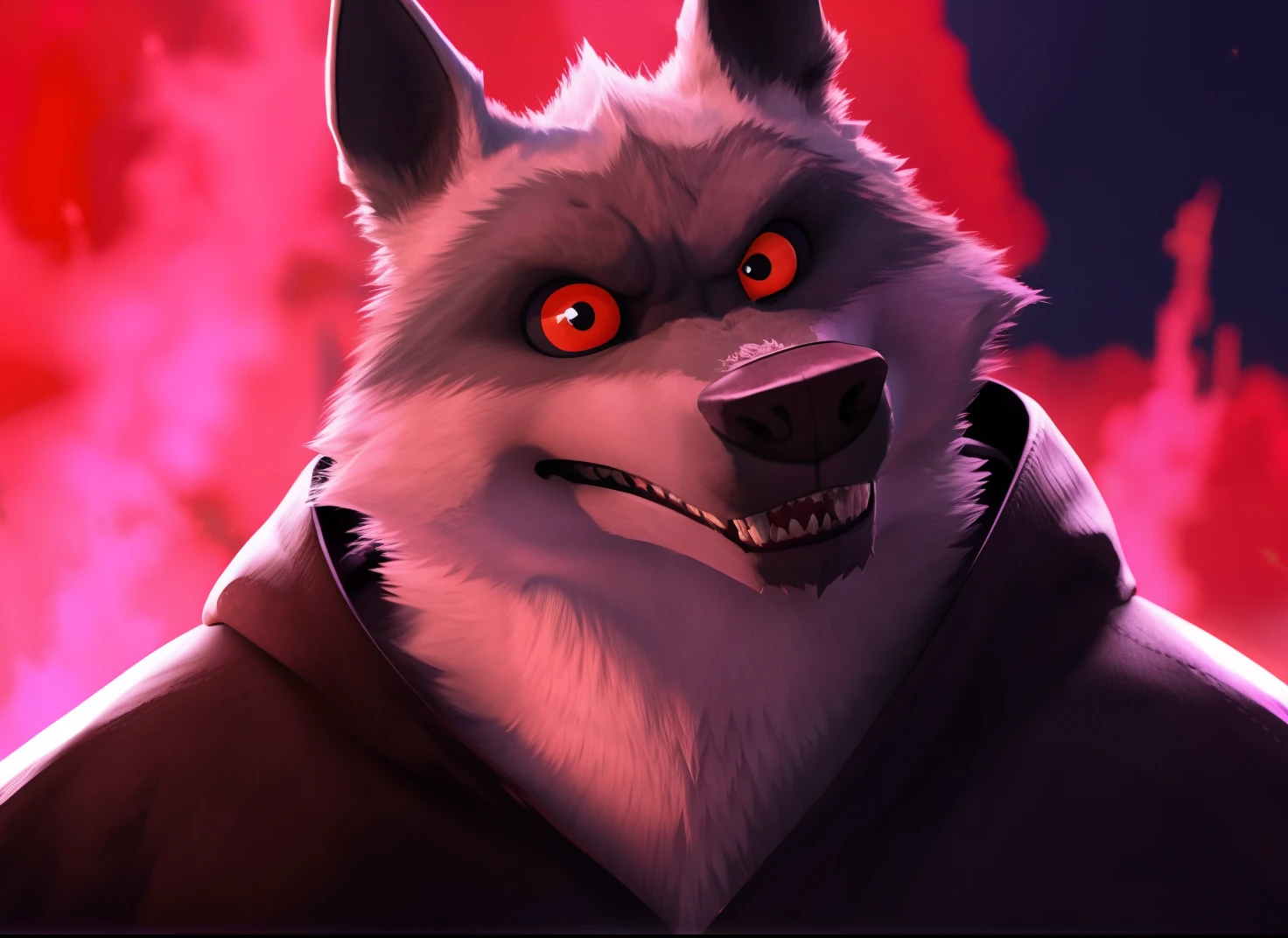 A character from the movie Puss in Boots 2: The Last Wish (death wolf) He is out of patience and looking at the viewer with his red and menacing eyes is quite angry his pupils are red and dark his teeth are sharp