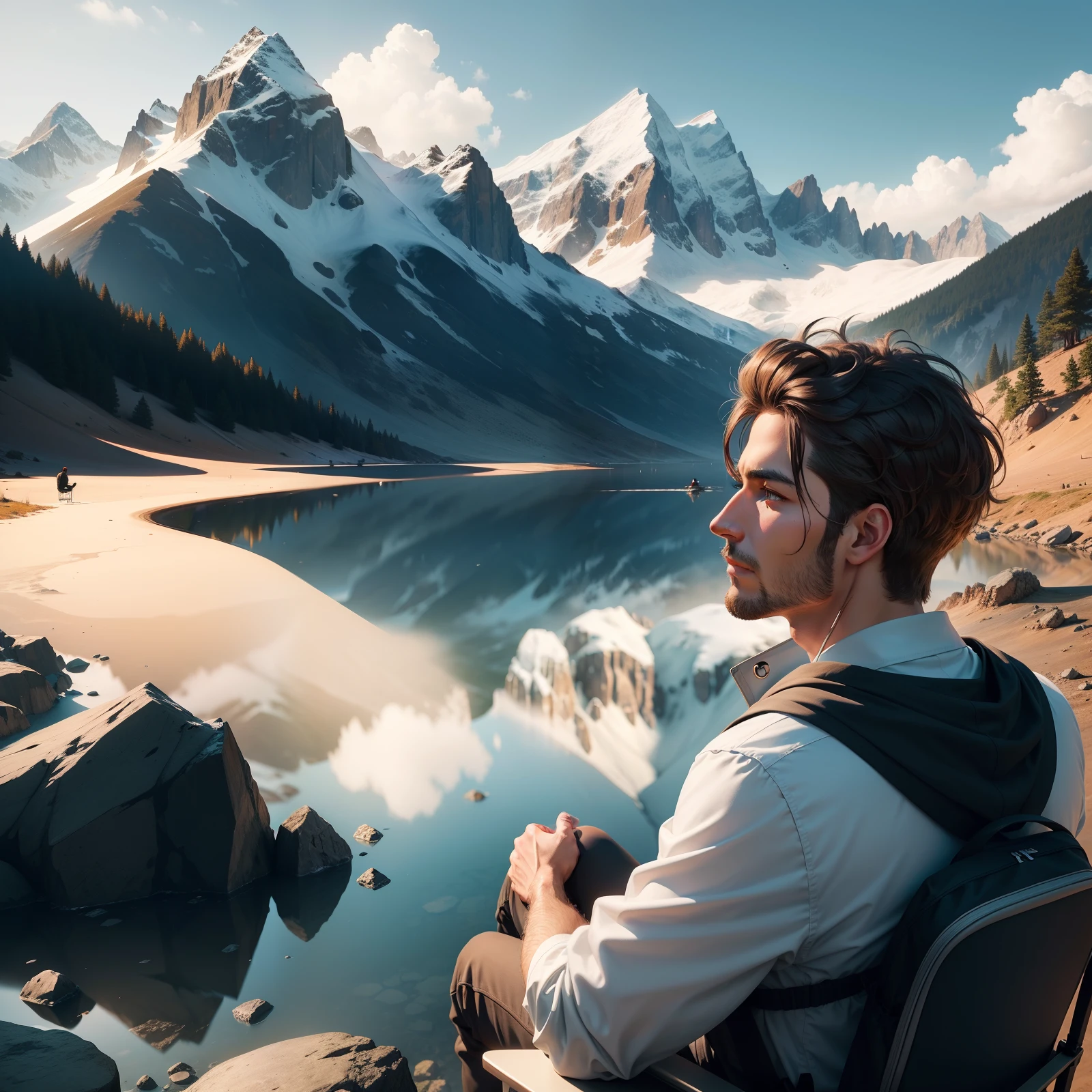 logo of motivational youtube channel, high quality, photorealistic, without words, lot of details, a man sitting in front of mountains, watching mountains behind him