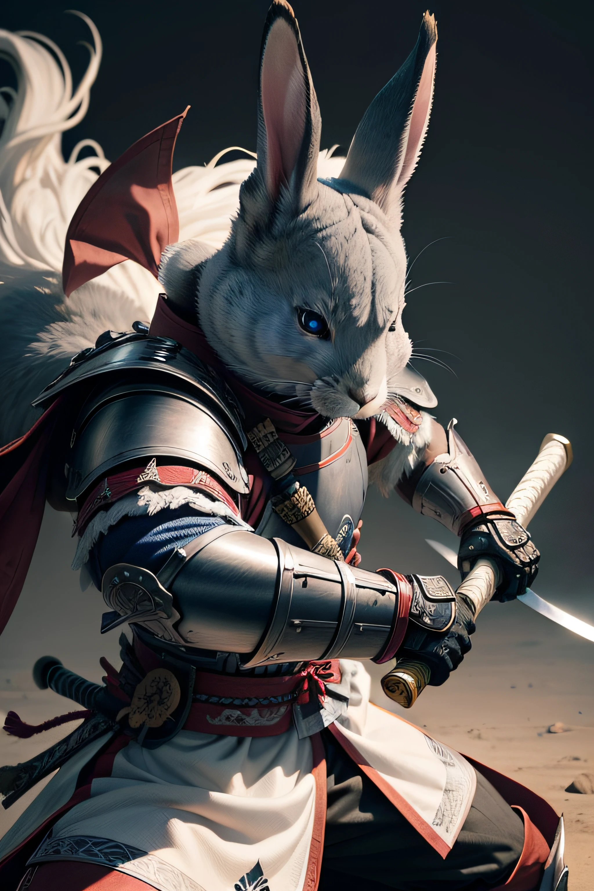 A grey Rabbit with blue eyes dressed in Samurai armor, wielding a katana in a battle stance