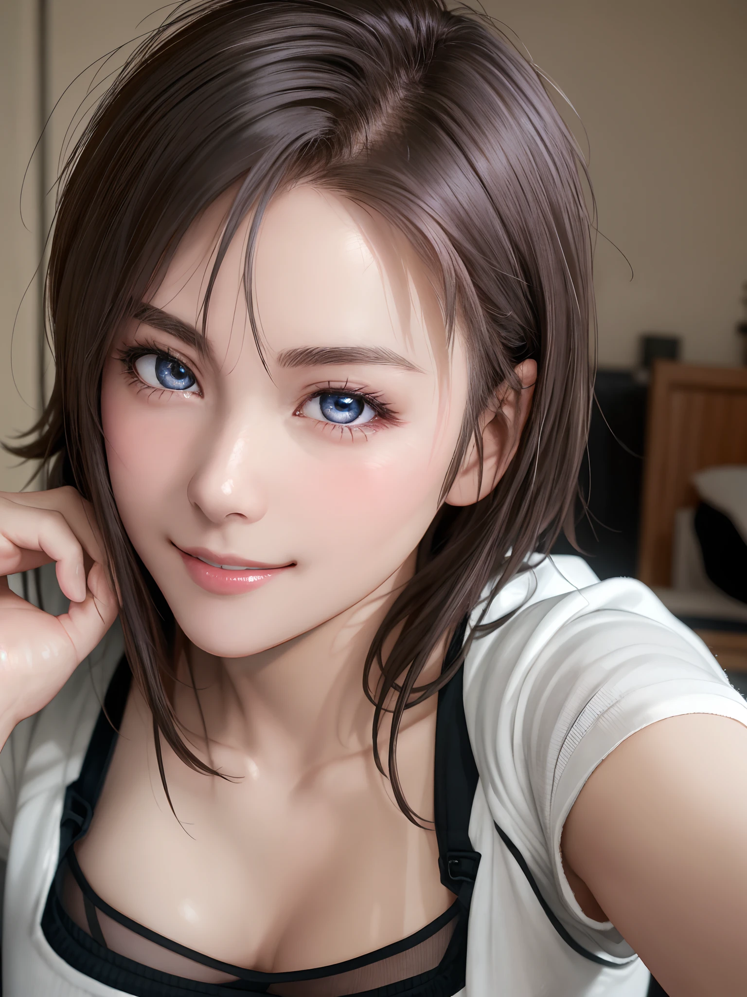 highest quality, Ultra-high resolution, (Realistic: 1.4), beautiful Eyes, Super beautiful, Very short hair, beautiful, lover, Rough chest T-shirt, beautiful Soldier, Eyes that beckon the viewer, loverの視点, Attractive expression, Sexy smile, Perfect Style, Perfect balance, Detailed skin, Mischievous Gaze, I can see your chest