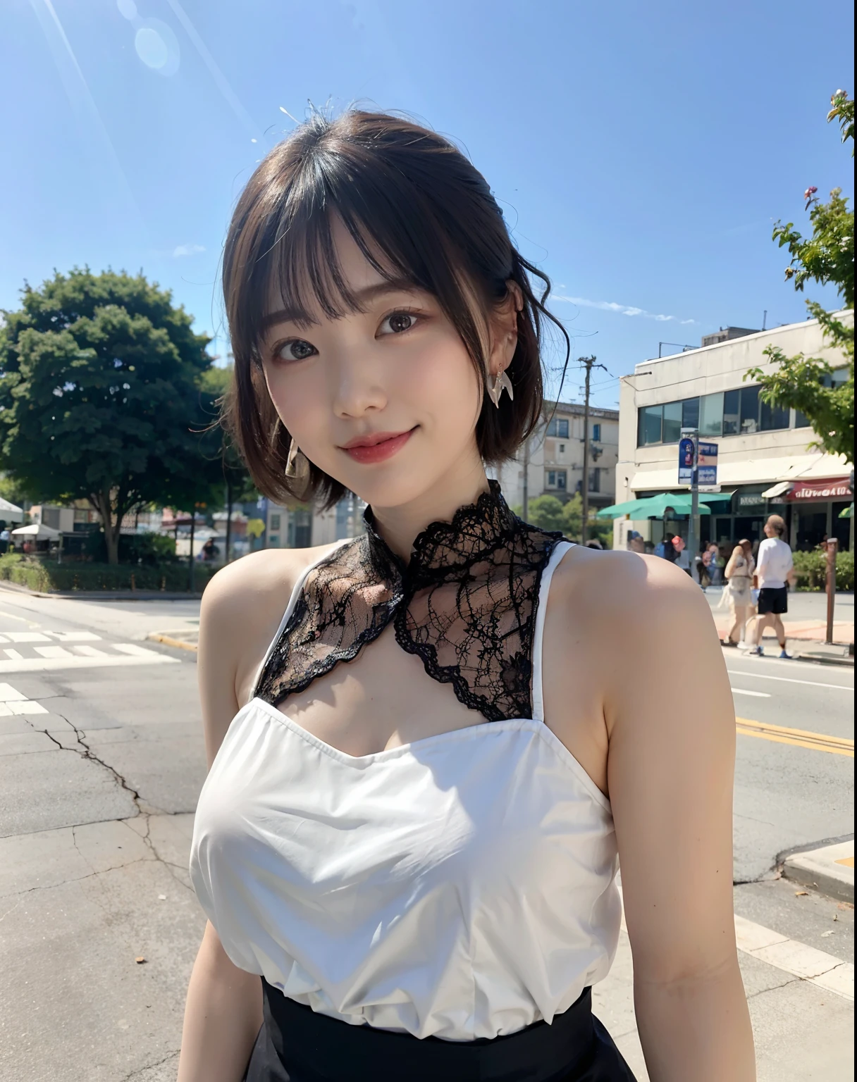 Woman posing on street corner wearing sheer lace dress, top quality, girl one, big breasts, sun, bright, blurred background, bokeh, outdoor, (street: 0.8), (people, crowd: 1), (cropped with lace) dress: 1.5, sleeveless dress, full body, light grey color clothes, light gray color high neck dress: 1.2, light gray color dress: 1.5), gorgeous ( Short hair, forehead: 1.2), sagging eyes, sky with beautiful details, earrings, (upper body: 0.8), soft lighting, wind, shiny skin, smile