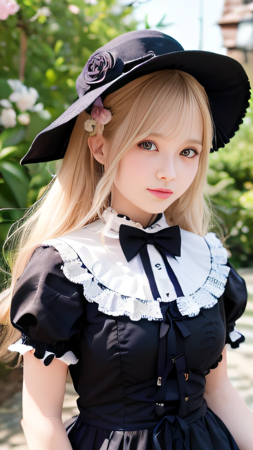 1 Nogizaka Musume、Very cute、a beauty girl、age19、(Gothic Lolita Fashion)、a blond、Looking at Viewer、Beautiful face, eyes and skin with exquisite detail、Fine black shiny hair、Classy ruffles、frilled tie、Ribbon tie、rose hair accessory、(Smile at the camera)、(up close shot)、(European seas)、profetional lighting、BREAK、(realisitic、Photorealsitic:1.37)、8K、(​masterpiece)、(top-quality:1.4)、(超A high resolution:1.2)、 (Raw photography:1.2)、(Delicate lace、Soft fabric、Beautiful rose pattern dress)、perfect anatomia、4 fingers and 1 thumb、seaside backgroud、(Wallpapers by Unity 8K)