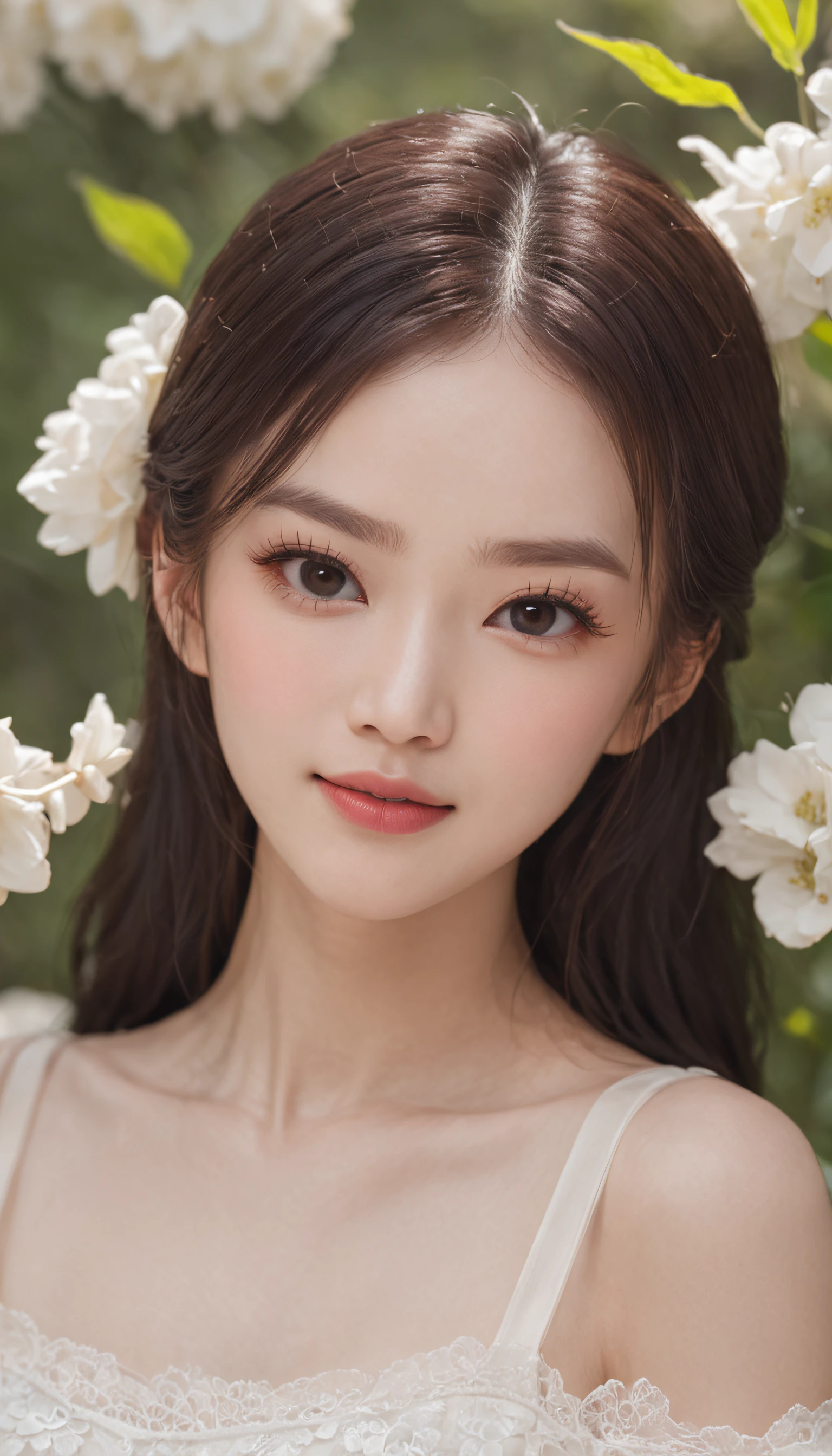 A woman in a dress with a flower crown on her head, cute delicate face, beautiful delicate face, young lovely Korean faces, Beautiful young Korean woman, Popular Korean makeup, girl cute-fine face, beautiful feminine face, Popular Korean makeup, feminine beautiful face, beautiful Korean women, Ethereal beauty, beautiful aesthetic face, Lovely complexion