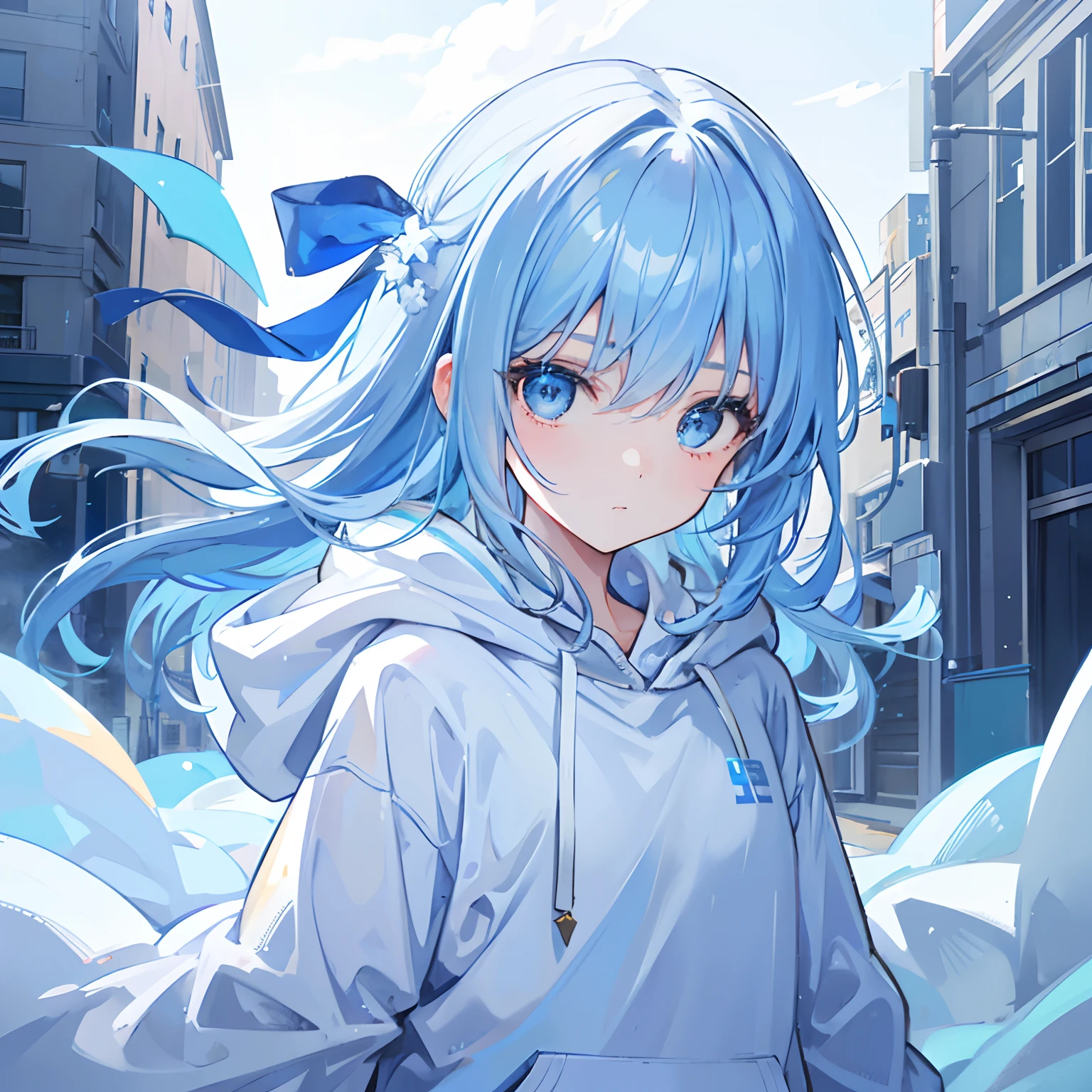1girl,light blue hair,blue eyes,hair ribbon,blue and white hoodie,winter,looking at viewer,profile picture