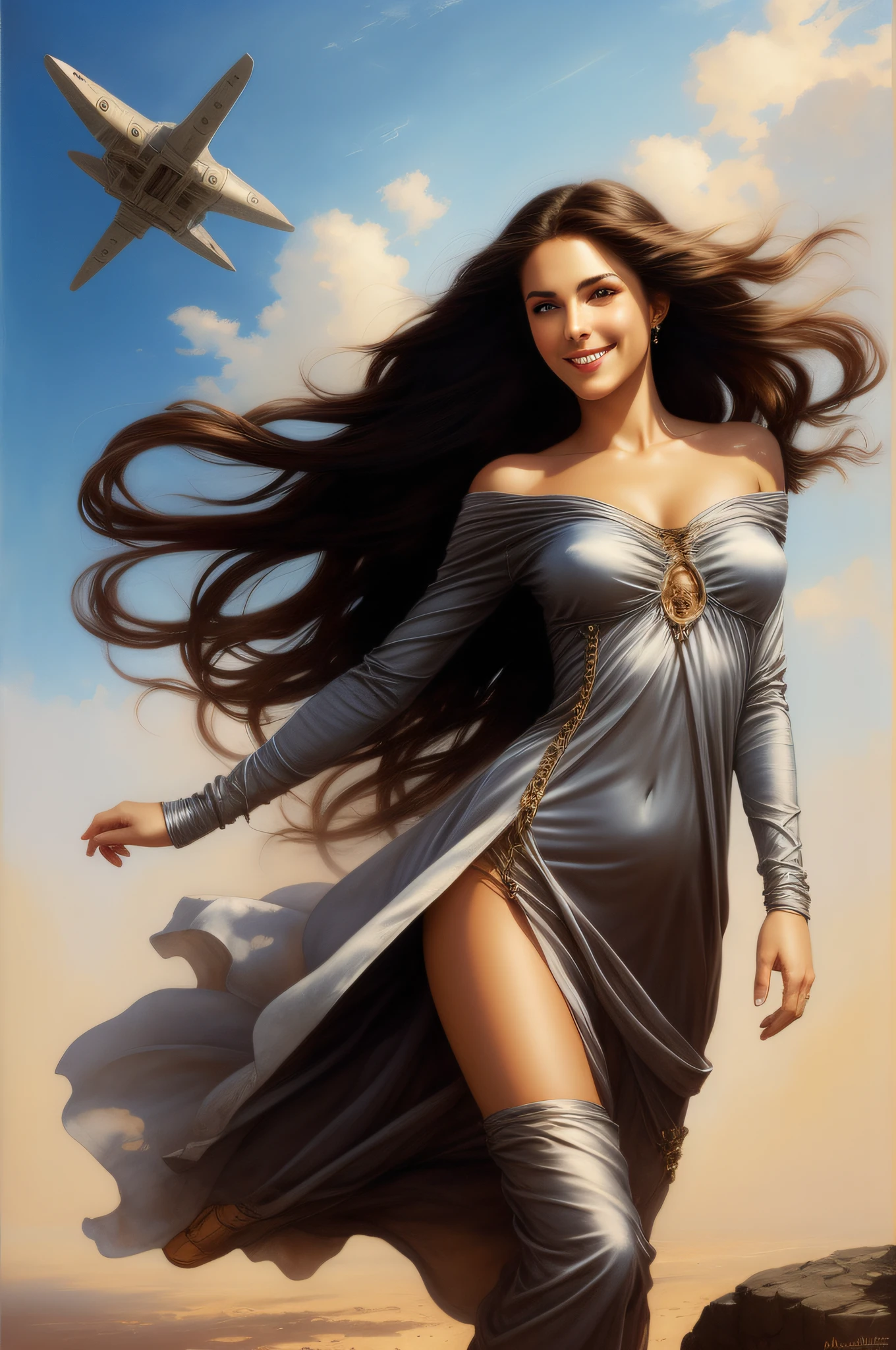 Art By Marc Simonetti, Painting of a woman flying through the sky, A beautiful silk dress, perfect face, long dark hair, large, striking eyes, smiling, Luis Royo Art.