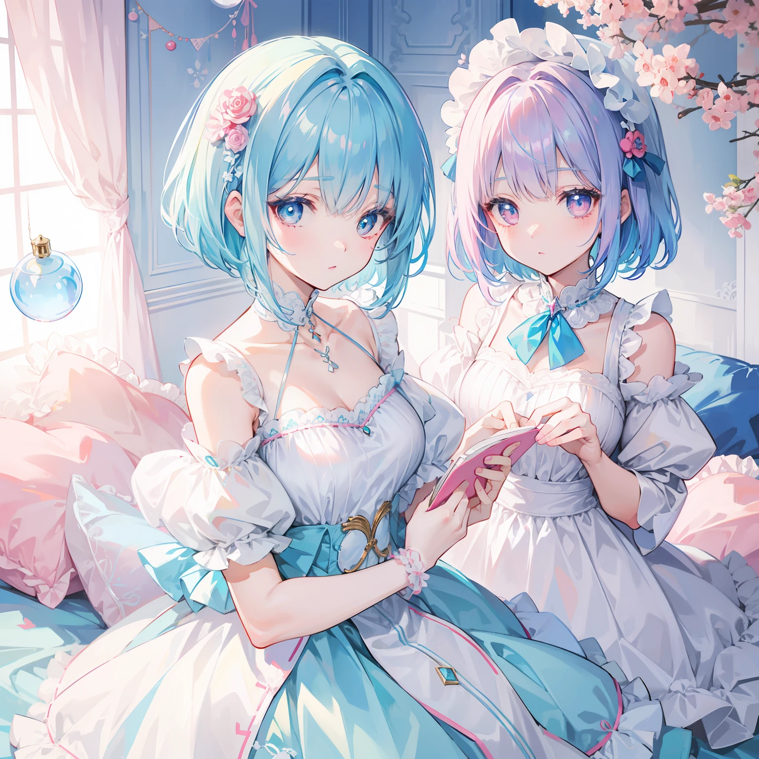 Short light blue hair，Light blue pupils，There are some pink ornaments，Soft girl in dress