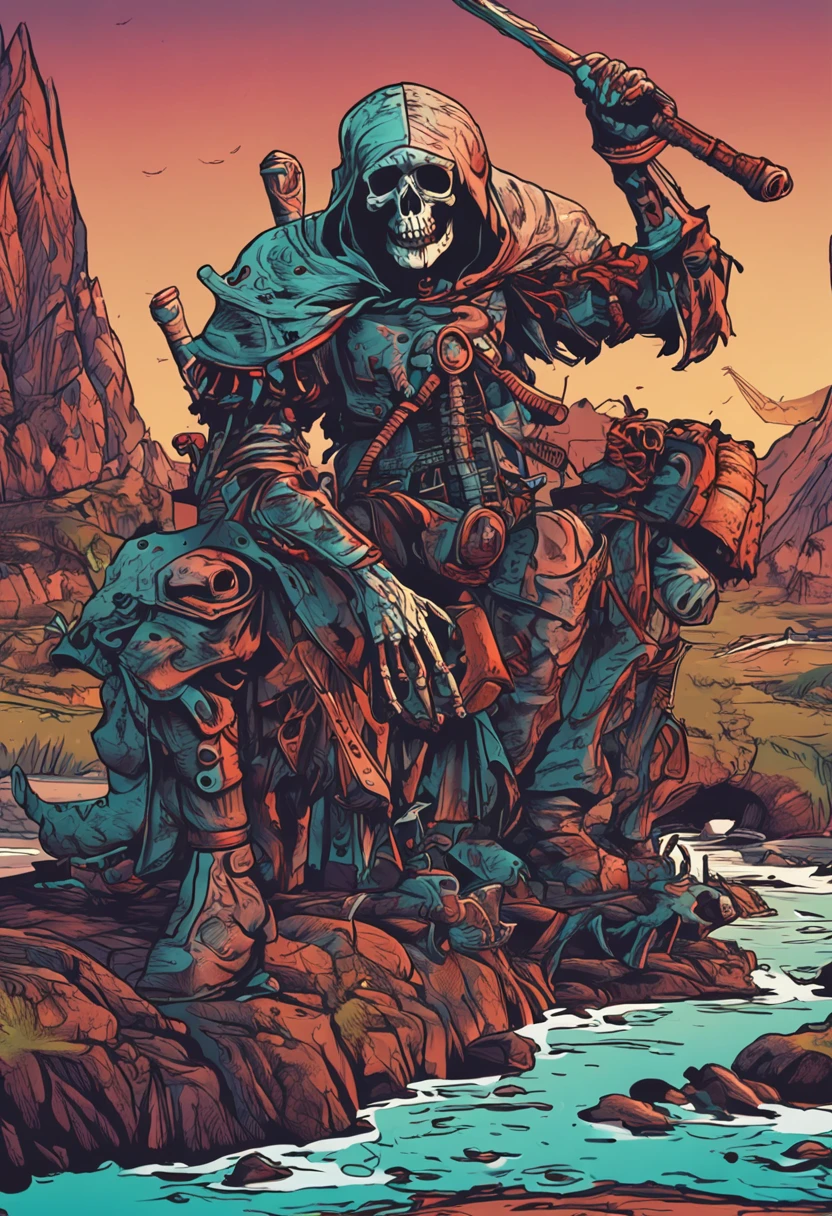 (Grim_Reaper in), (Skeleton_Monster), sits at a table, view the viewer, playing chess, Thinking, Confident demeanor, Masterpiece, Top quality, Best quality, High quality, Ultra-detailed, fire in the background, Vibrant colors, Solo, Extremely detailed