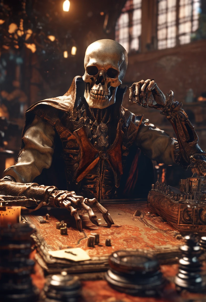 (Grim_Reaper in), (Skeleton_Monster), sits at a table, view the viewer, playing chess, Thinking, Confident demeanor, Masterpiece, Top quality, Best quality, High quality, Ultra-detailed, fire in the background, Vibrant colors, Solo, Extremely detailed