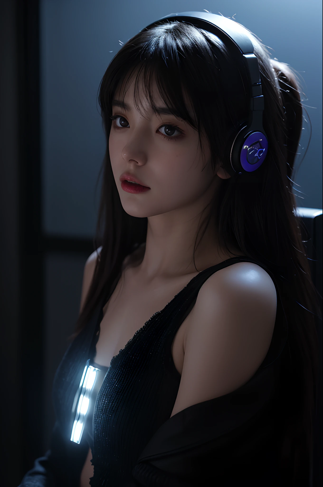 top-quality、master-piece、超High resolution、(real light:1.4)、RAW photo、1 girl、Black Hair、gleaming skin、1mechanical girl、((Super realistic detail))、portrait、Global Illumination、glossy、octanerender、10、Ultra Sharp、Colossal、Raw skin is revealed in cleavage..、Metal、Details of intricate jewelry、Headphone headset、Hydraulic cylinder、Gothloli Details、Realistic lighting、CGSoation trend、purple eyes、shining eyes、facing camera、neon details、mechanical limbs、blood vessels connected to tubes、mechanical vertebra attaching to back、mechanical cervial attaching to neck.、wires and cables connecting to head、Evangerion、cyberpunked、small LED lamp、central processing unit、lamp、perfect proportion、The background is the cockpit of a futuristic spacecraft..、