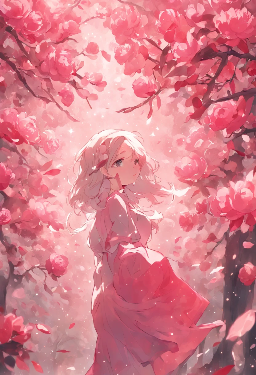 camelliamix,White ,Pink big breasts ,Beautiful flowers bloom,one-girl,((In her mouth, There is a blooming camellia)),standing under a tree,(head looking up)Look at the tree,Natural soft light,calvin klein,macaron,Still ethereal,Crisp and smooth lines,radiant morning light,soft luminescent glow,