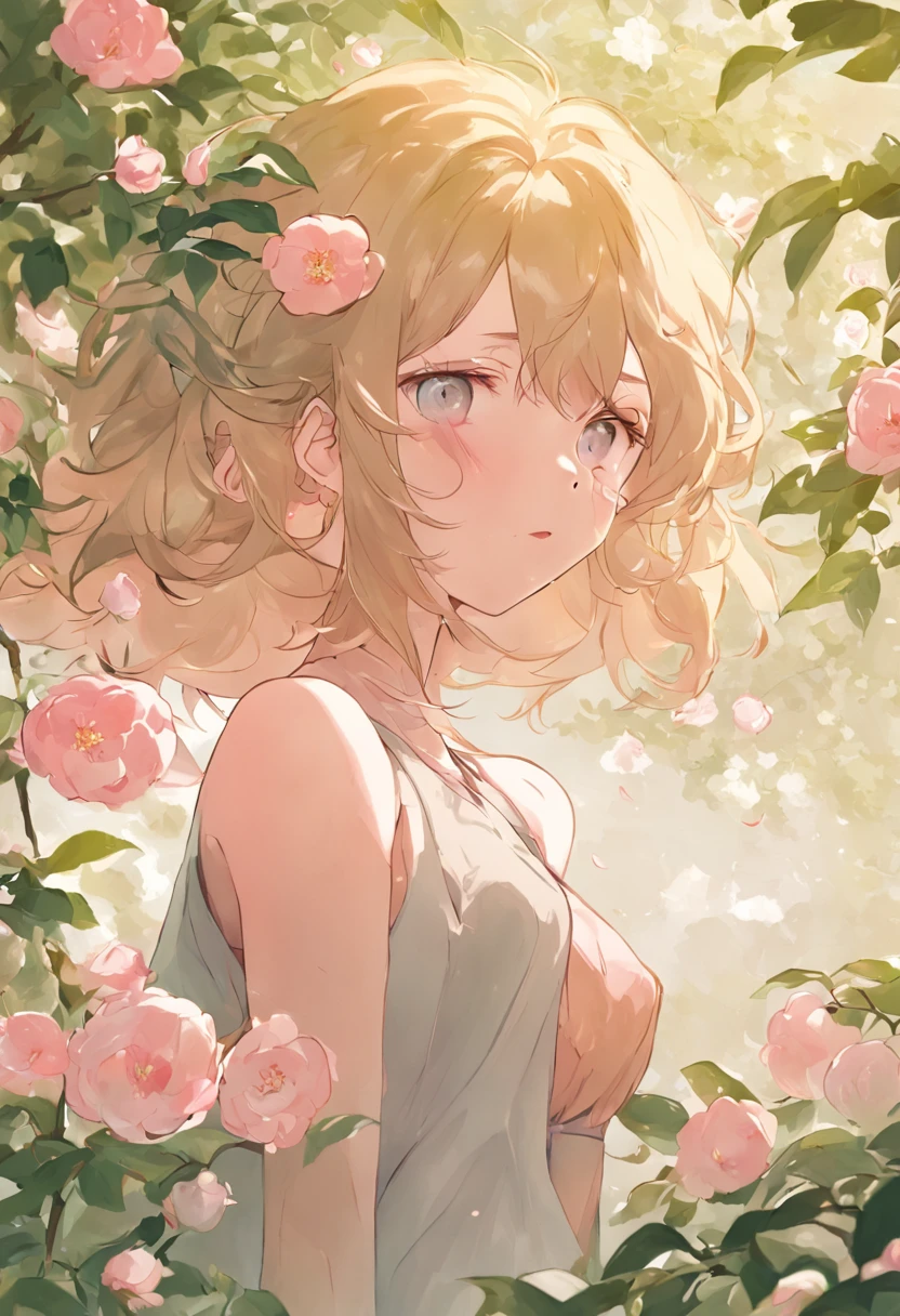 camelliamix,White ,Pink big breasts ,Beautiful flowers bloom,one-girl,((In her mouth, There is a blooming camellia)),standing under a tree,(head looking up)Look at the tree,Natural soft light,calvin klein,macaron,Still ethereal,Crisp and smooth lines,radiant morning light,soft luminescent glow,