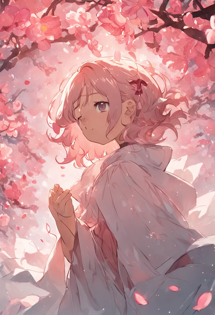 camelliamix,White ,Pink big breasts ,Beautiful flowers bloom,one-girl,((In her mouth, There is a blooming camellia)),standing under a tree,(head looking up)Look at the tree,Natural soft light,calvin klein,macaron,Still ethereal,Crisp and smooth lines,radiant morning light,soft luminescent glow,