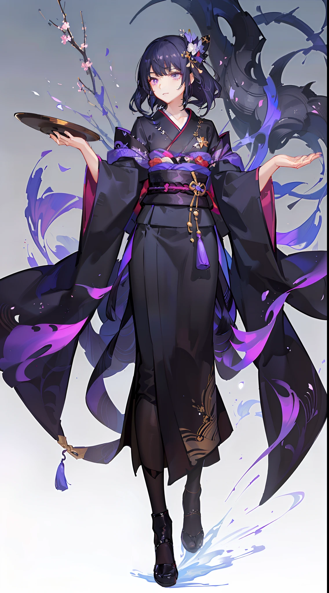adult man, long black hair, violet eyes, Thin, black kimono, Masterpiece, hiquality