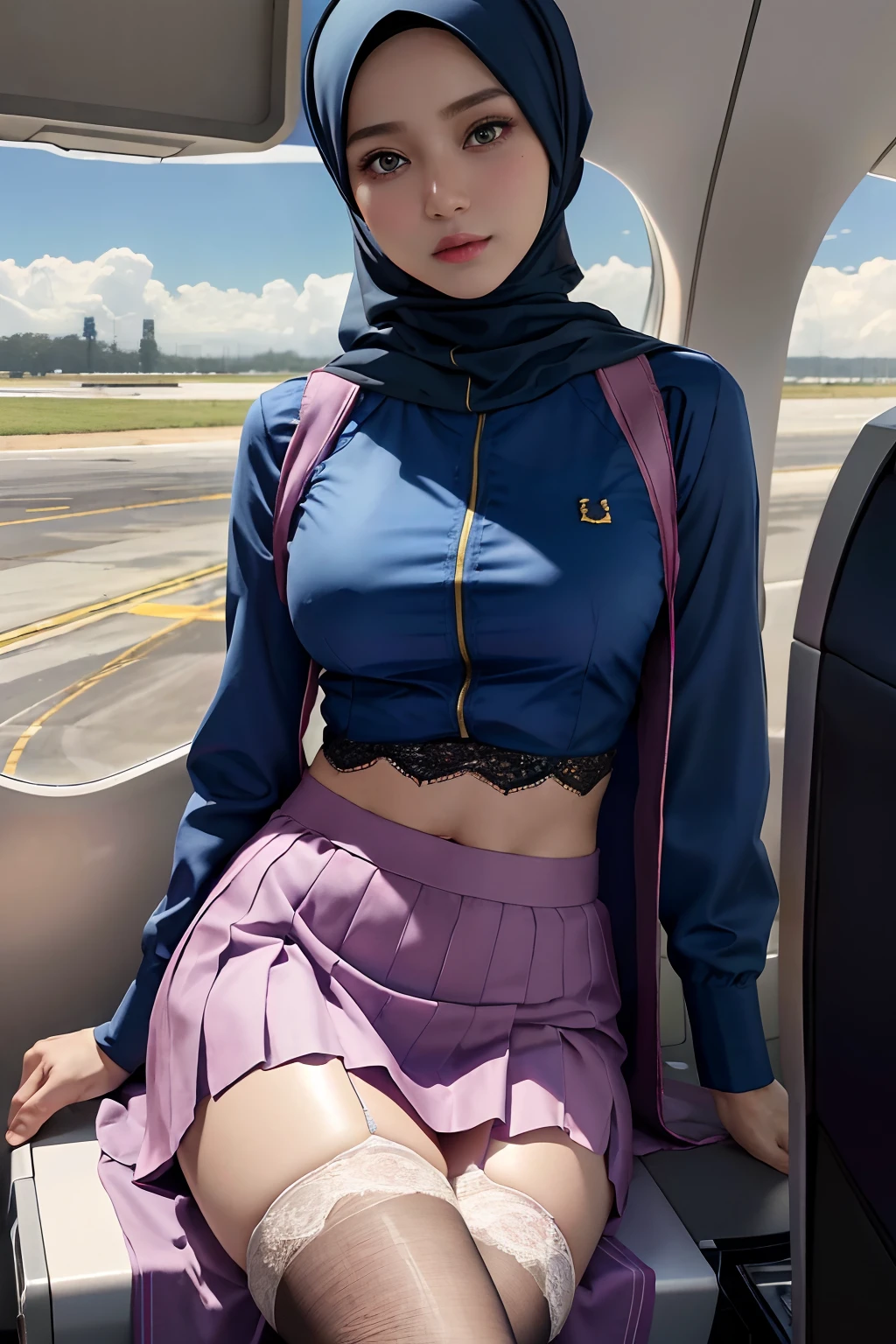 (8K, RAW photo, Best quality, Mastery:1.2), (Realistic, photo-realistic:1.2),  (Ultra detailed), absurderes, 1 malay girll, hijab，Blue pupil，pretty  face, symetrical eyes, malay Baby 5, Perfect body proportion,middlebreast，（Pink flight attendant uniform，Lace pleated skirt hem：1.3），Open navel，tight-fitting，lacy stockings，Badges，Thin leg，Fine skin，looking at viewert，（inside airplane：1.2），Motion capture，Frontal view