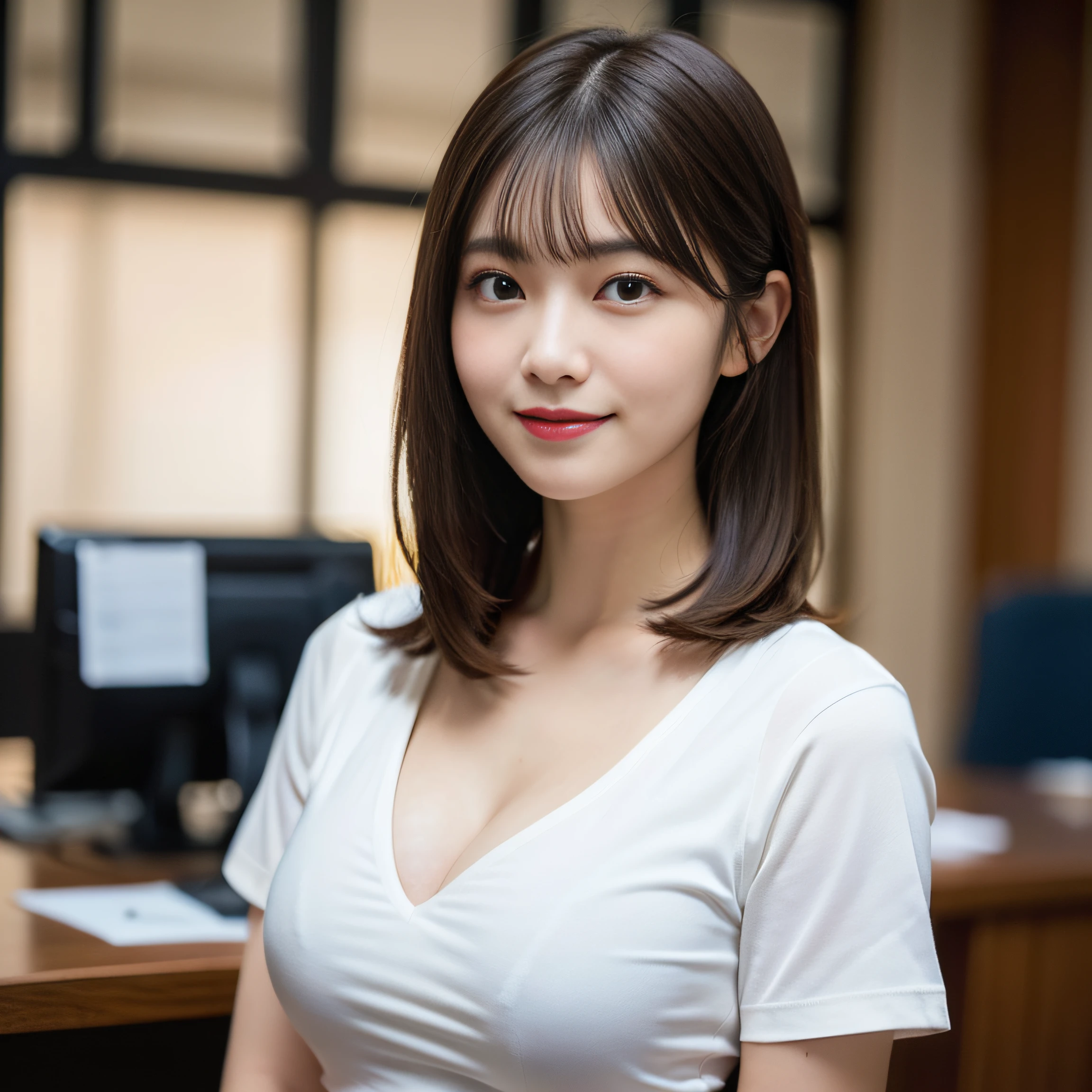 Beautiful black eyes、dual、natural skin textures:1.8, realistic eyes and face details:1.7、middlebreasts、in 8K,Best Quality:1.4, 超A high resolution:1.5, (Photorealistic:1.4),masterpiece:1.2,(top-quality:1.4)、 Raw photo、 (the background is blurred), 1日本人の女の子, Cute, (Solo:1.4), (Shy smile), Smooth skin、 (Brown medium hair,Bangs),nogizaka,Beautiful body, medium breasts, Breast cleavage, Navy Business Suit,Office, Secretary, White T-shirt, ID Card Holder, ID Badge Holder,president’s office