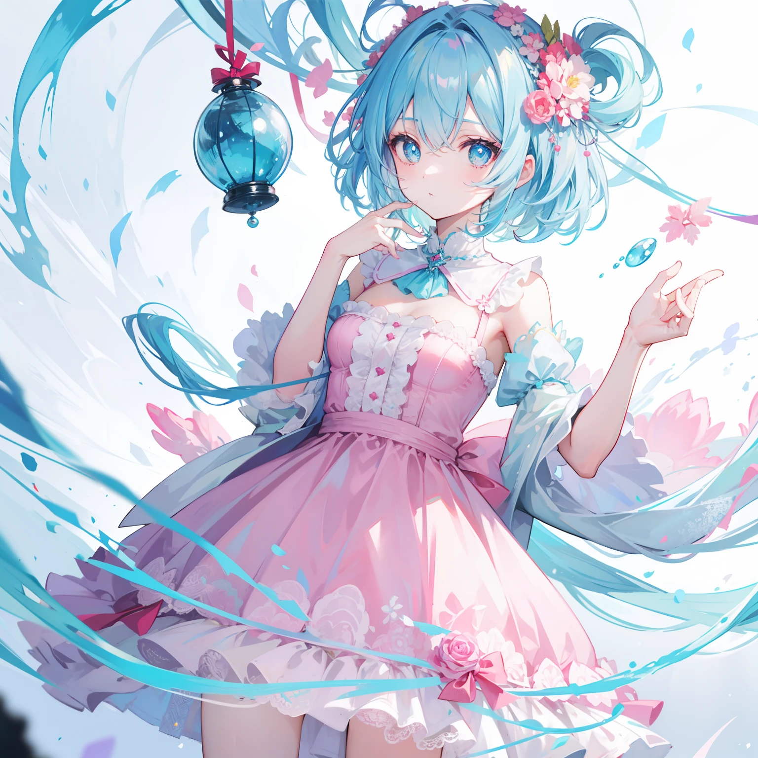 Short light blue hair，Light blue pupils，There are some pink ornaments，Soft girl in dress