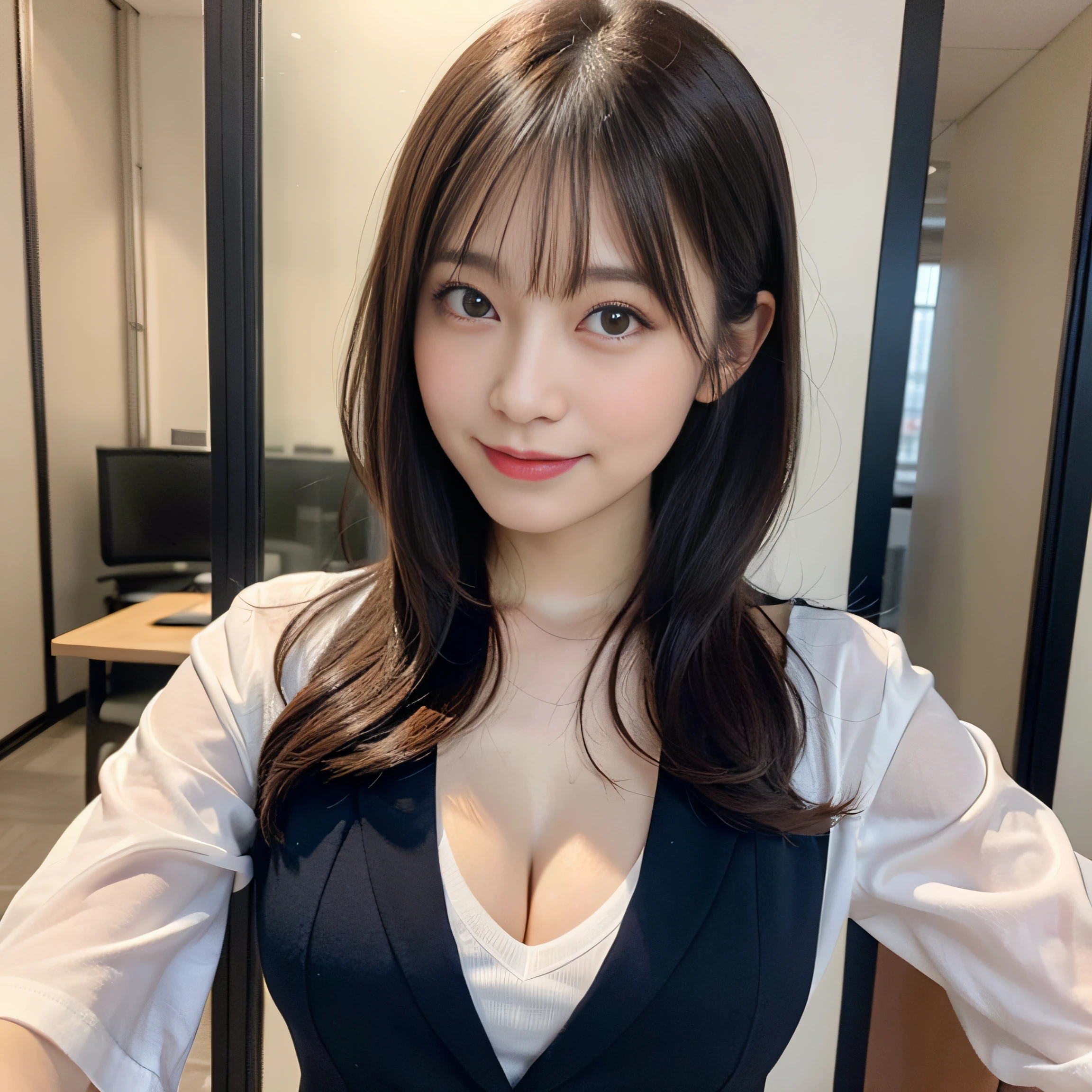masutepiece, Best Quality, Illustration, Ultra-detailed, finely detail, hight resolution, 8K Wallpaper, Perfect dynamic composition, Beautiful detailed eyes, Natural Lip ,School uniform, leaning forward, (downblouse:1.5), cleavage, Full body, hand on own cheek