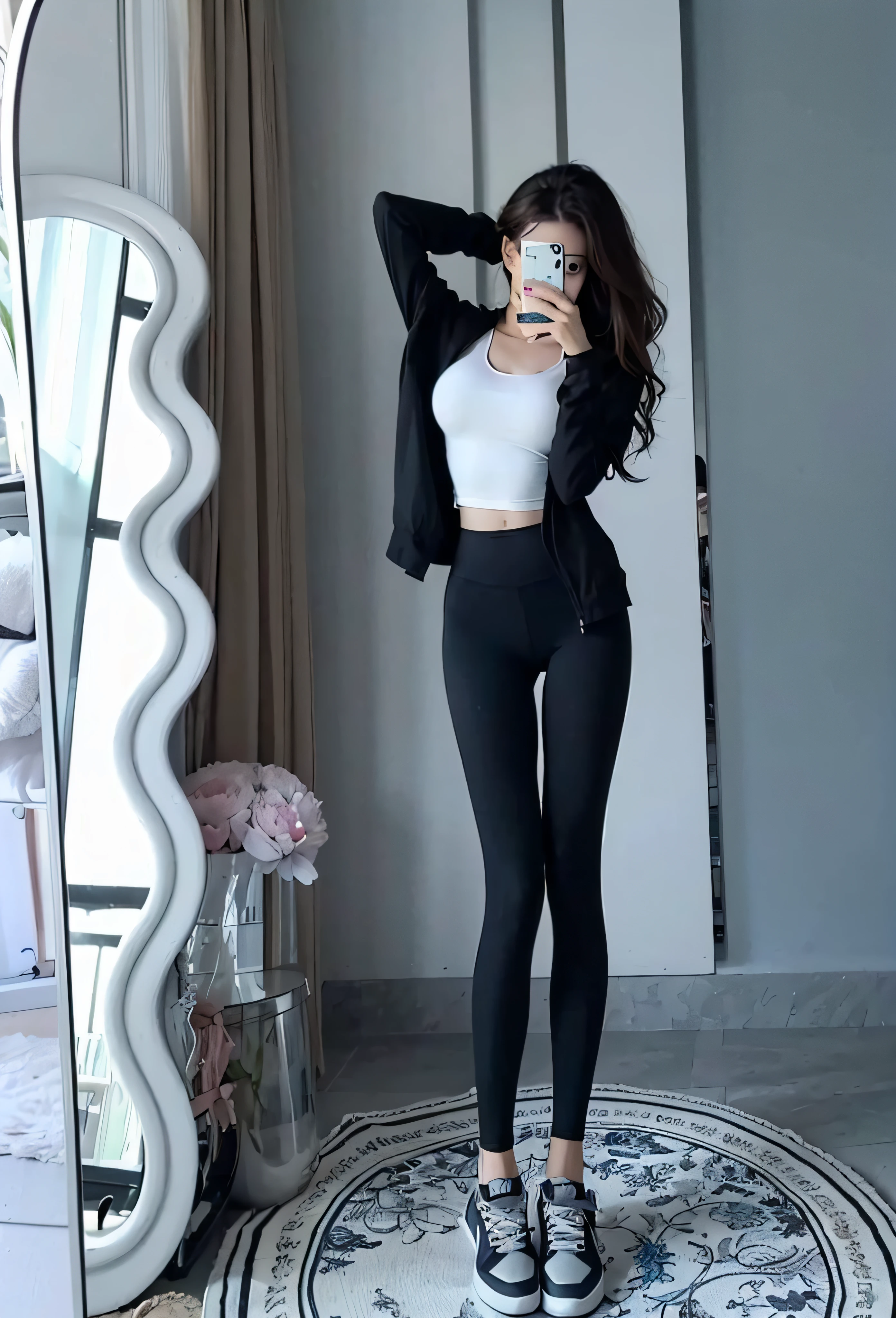 araffe woman taking a selfie in a mirror in a room, wearing tight simple clothes, wearing black tight clothing, photo of slim girl, skinny waist and thick hips, big breasts thin waist, smooth white tight clothes suit, tight costume, Thin waist, photo of slim girl model, with a thin waist, Slender waist, Black leggings, Leggings