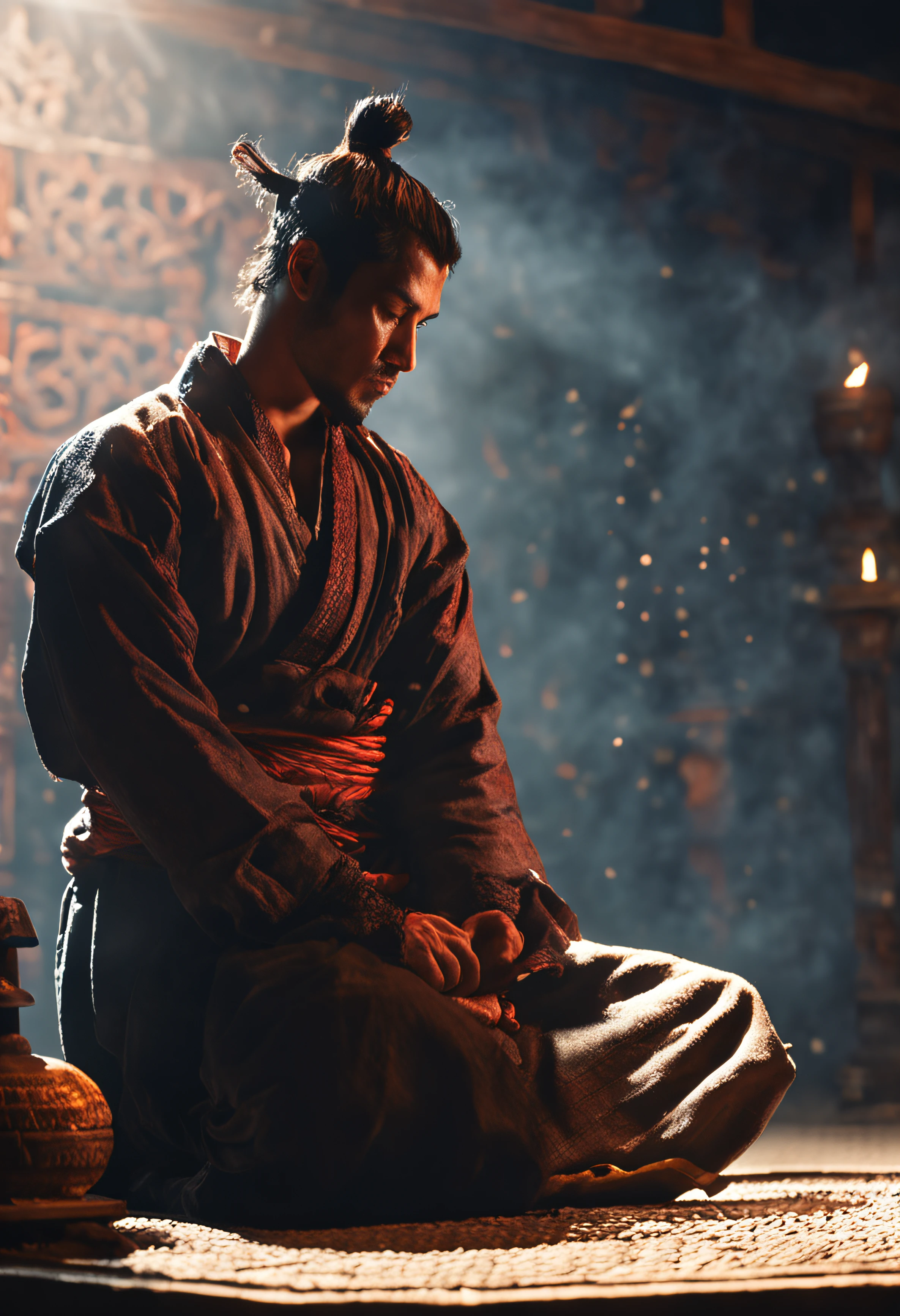 samurai homem meditando em um quarto escuro a luz de velas, as velas iluminando o ambiente (obra-prima) (8k high resolution) (melhor qualidade) (Ultra Definition) (Ultra realista)(Foto RAW) (Foto realista) (bright illumination)
